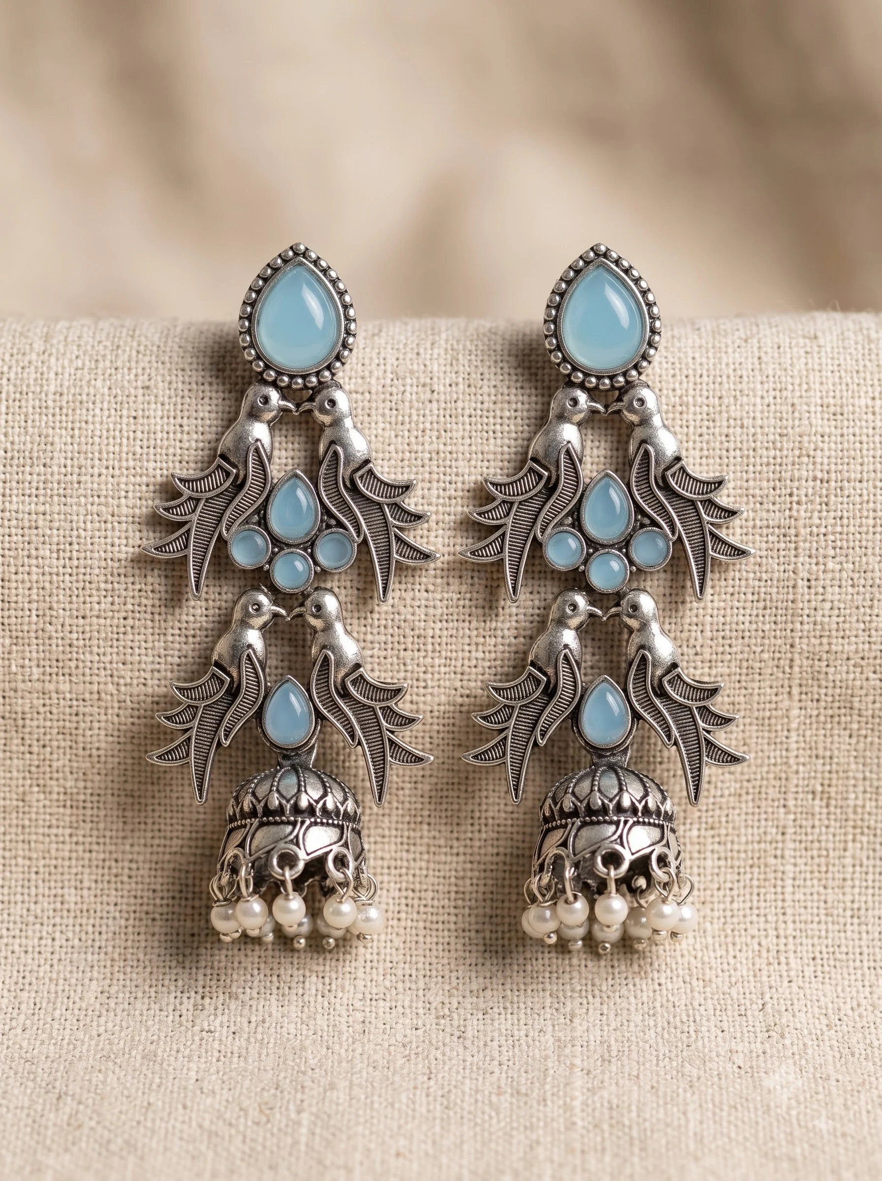 Oxidised Sky Blue Bird Jhumka - Image 2