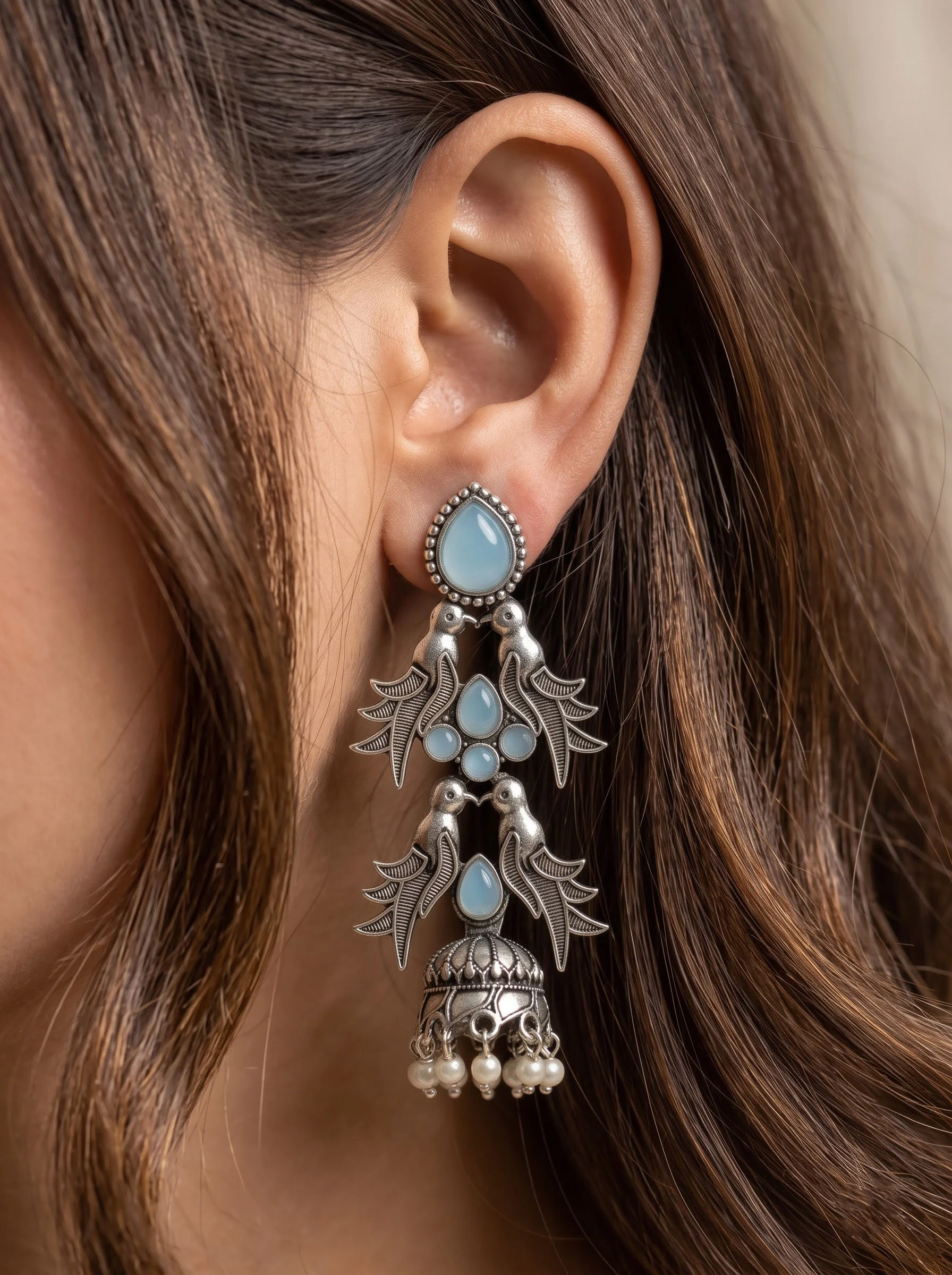 Oxidised Sky Blue Bird Jhumka - Image 3