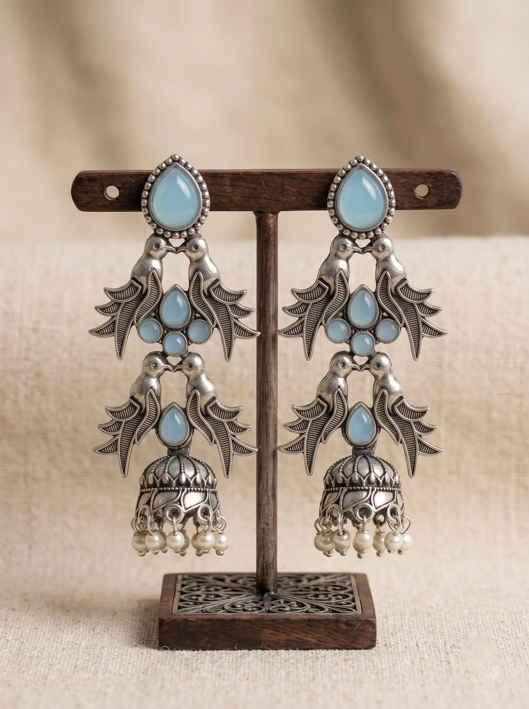 Oxidised Sky Blue Bird Jhumka