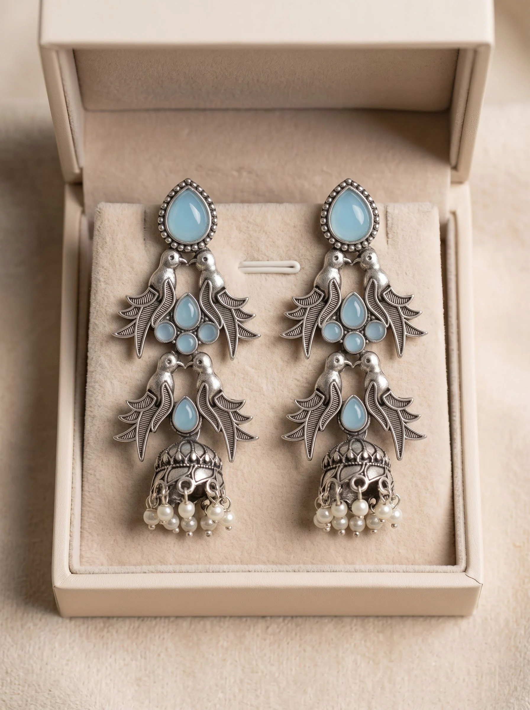 Oxidised Sky Blue Bird Jhumka - Image 4