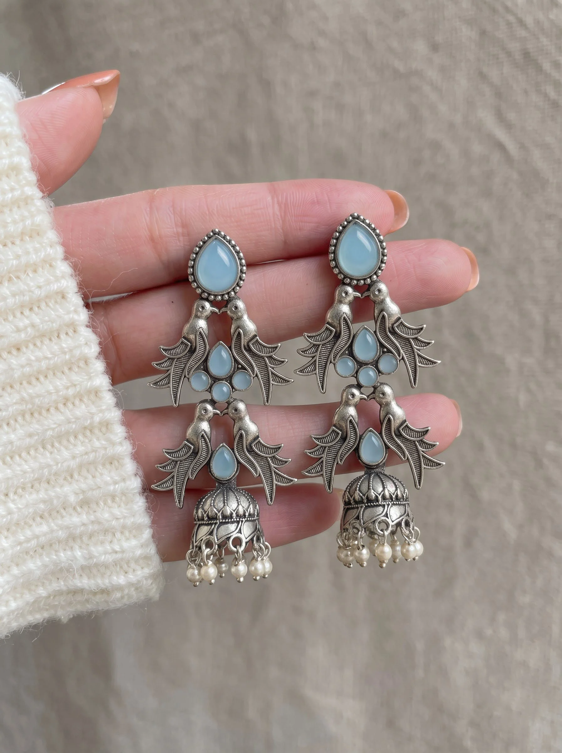 Oxidised Sky Blue Bird Jhumka - Image 5