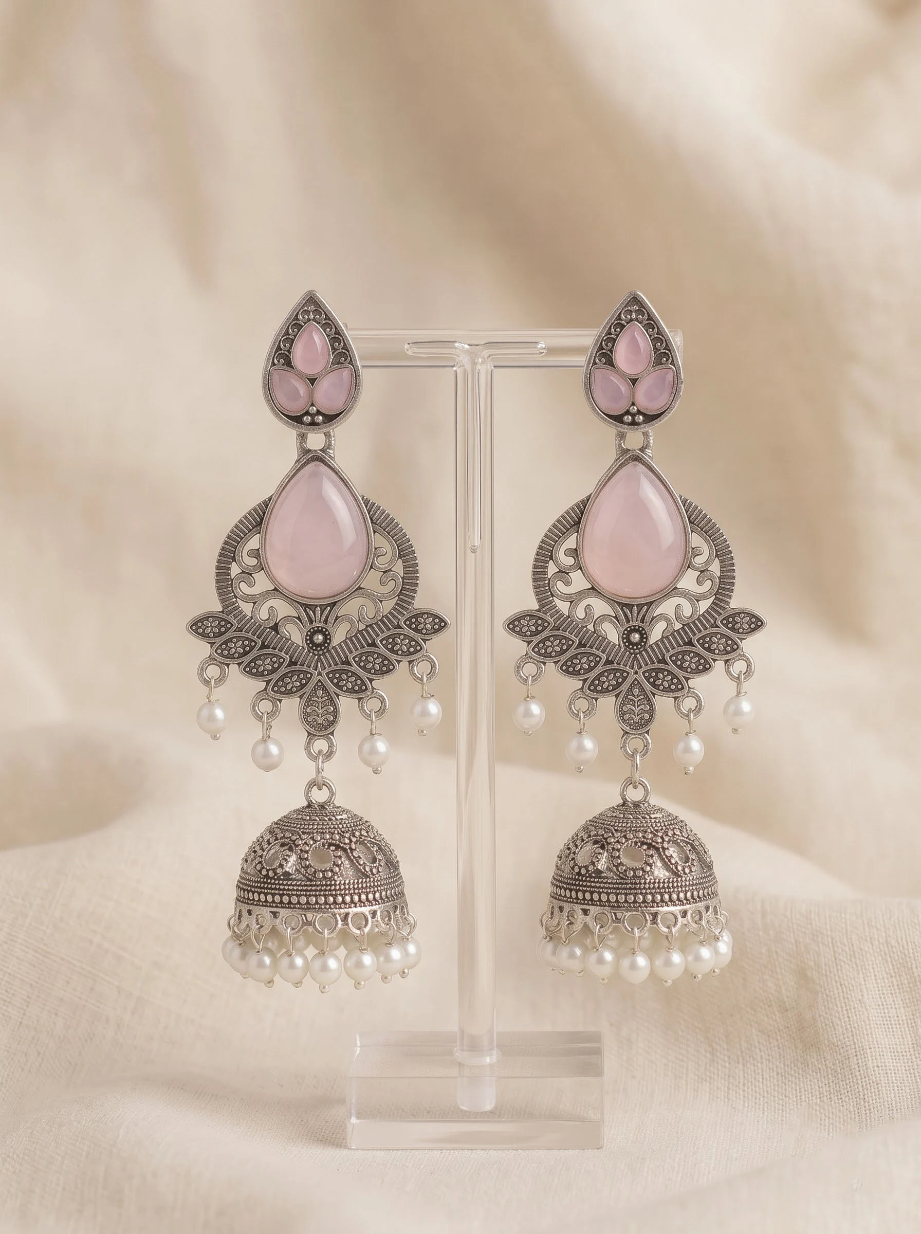 Oxidised Pink Tear Drop Jhumka - Image 2