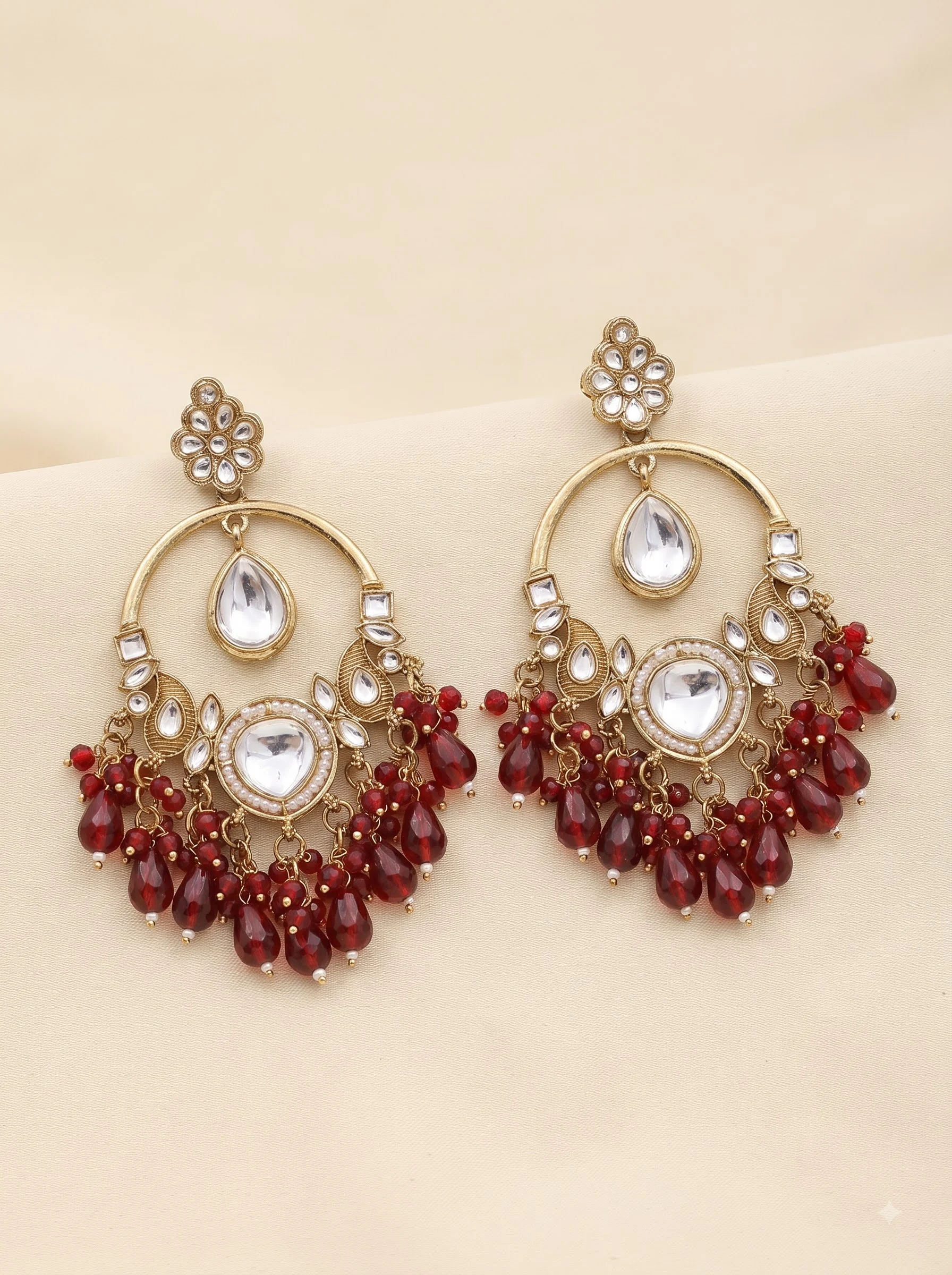 Maroon Kundan Chandbali Earrings