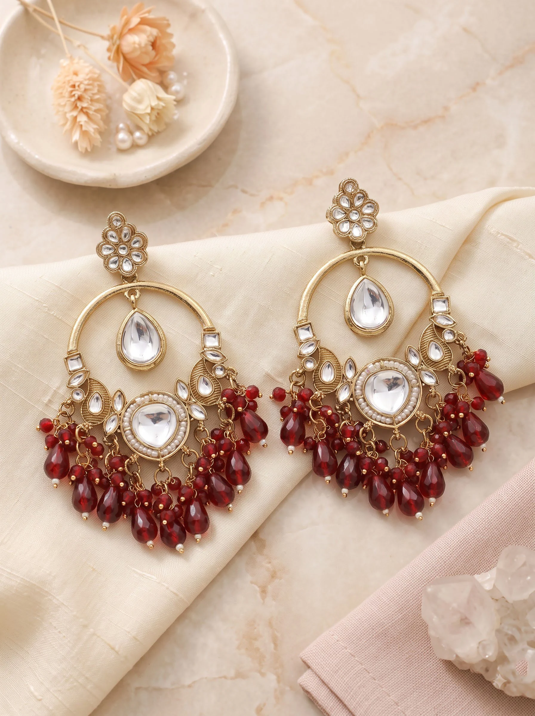 Maroon Kundan Chandbali Earrings