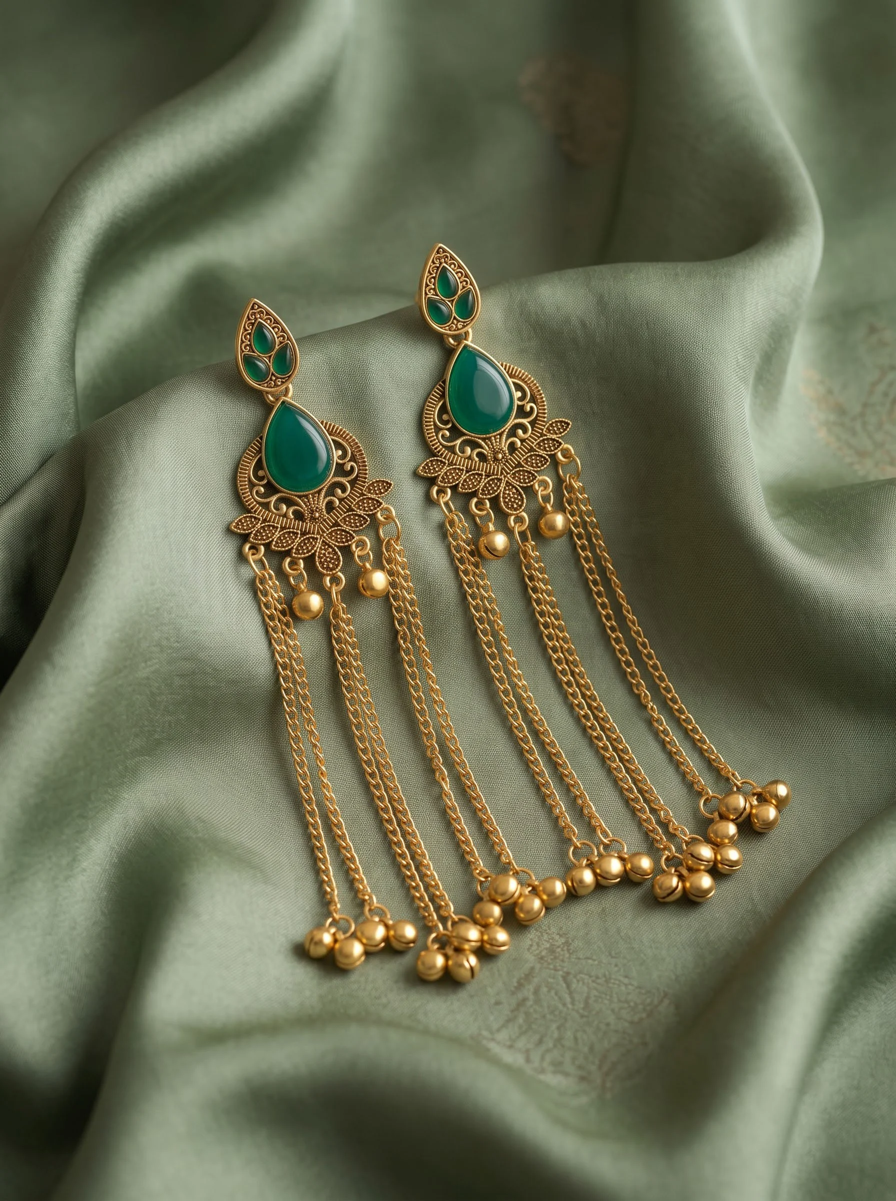Emerald Green Antique Gold Tassel Earrings - Image 4