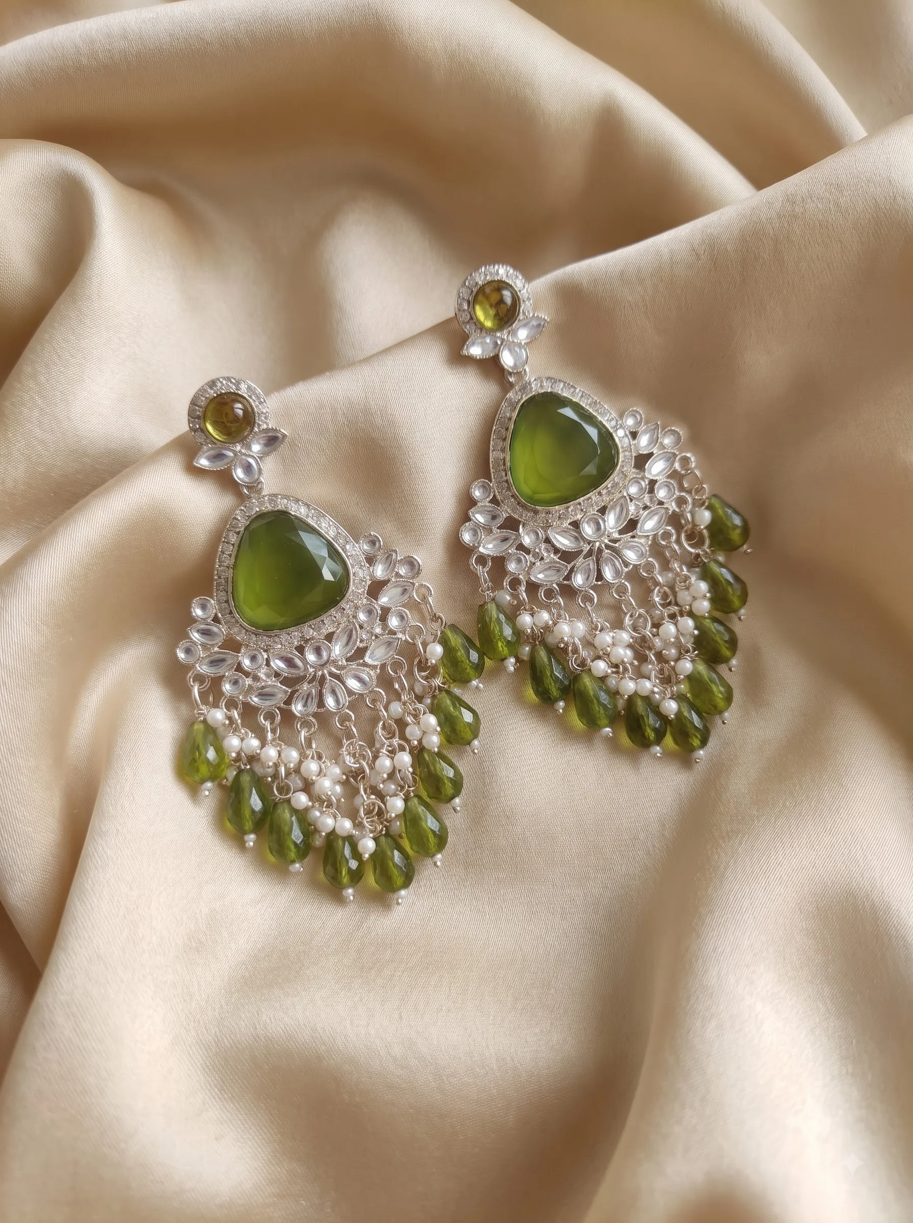 Olive Green Kundan Dangler Earrings - Image 2