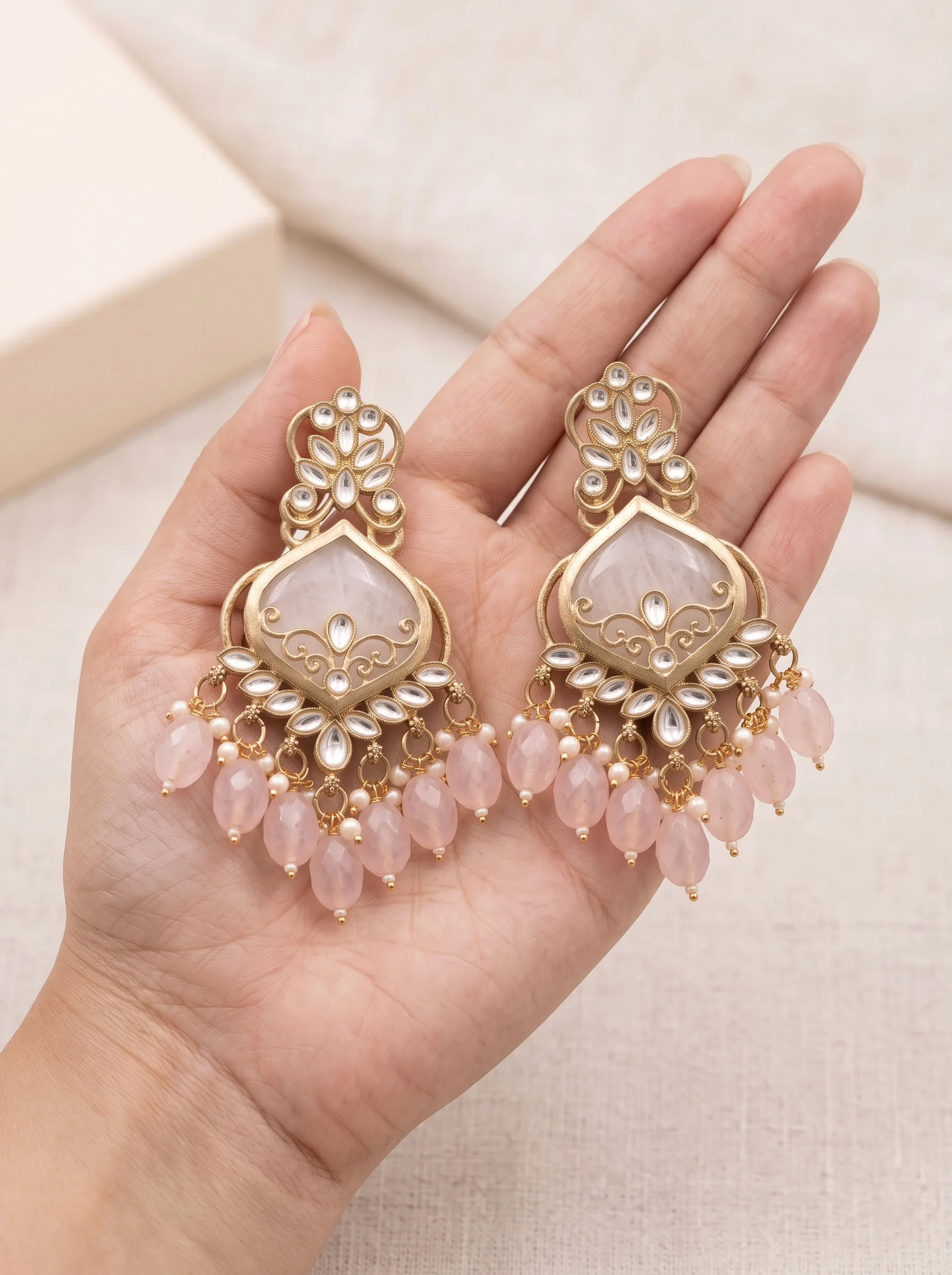Pink Kundan Dangler Earrings - Image 3