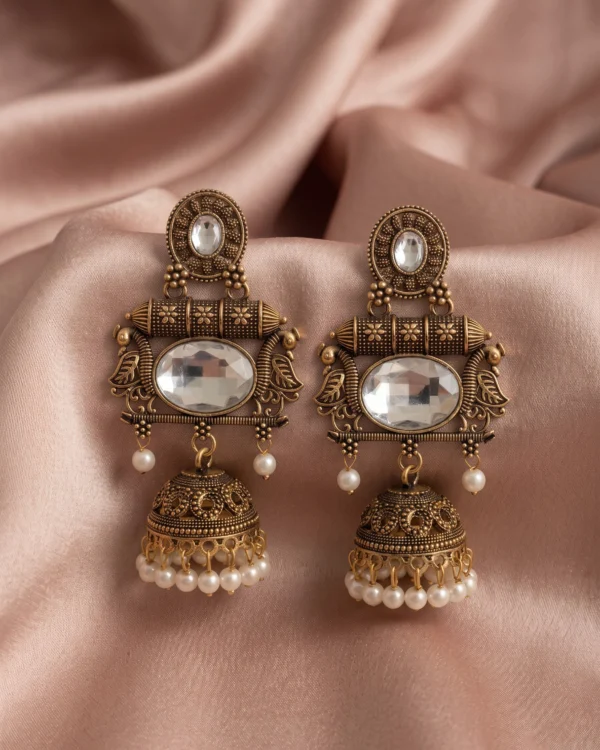 White Stone Antique Jhumka Earrings