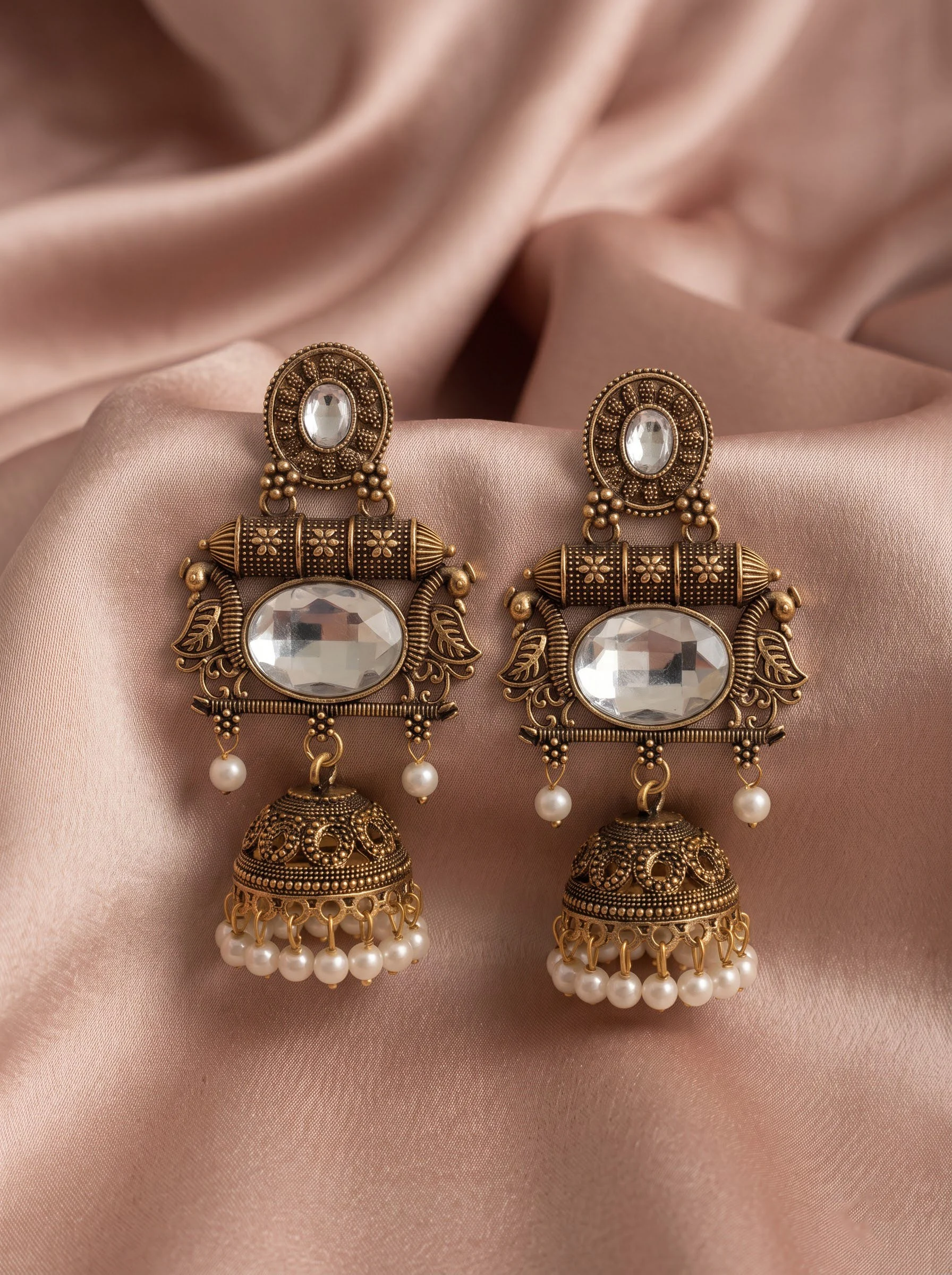 White Stone Antique Jhumka Earrings
