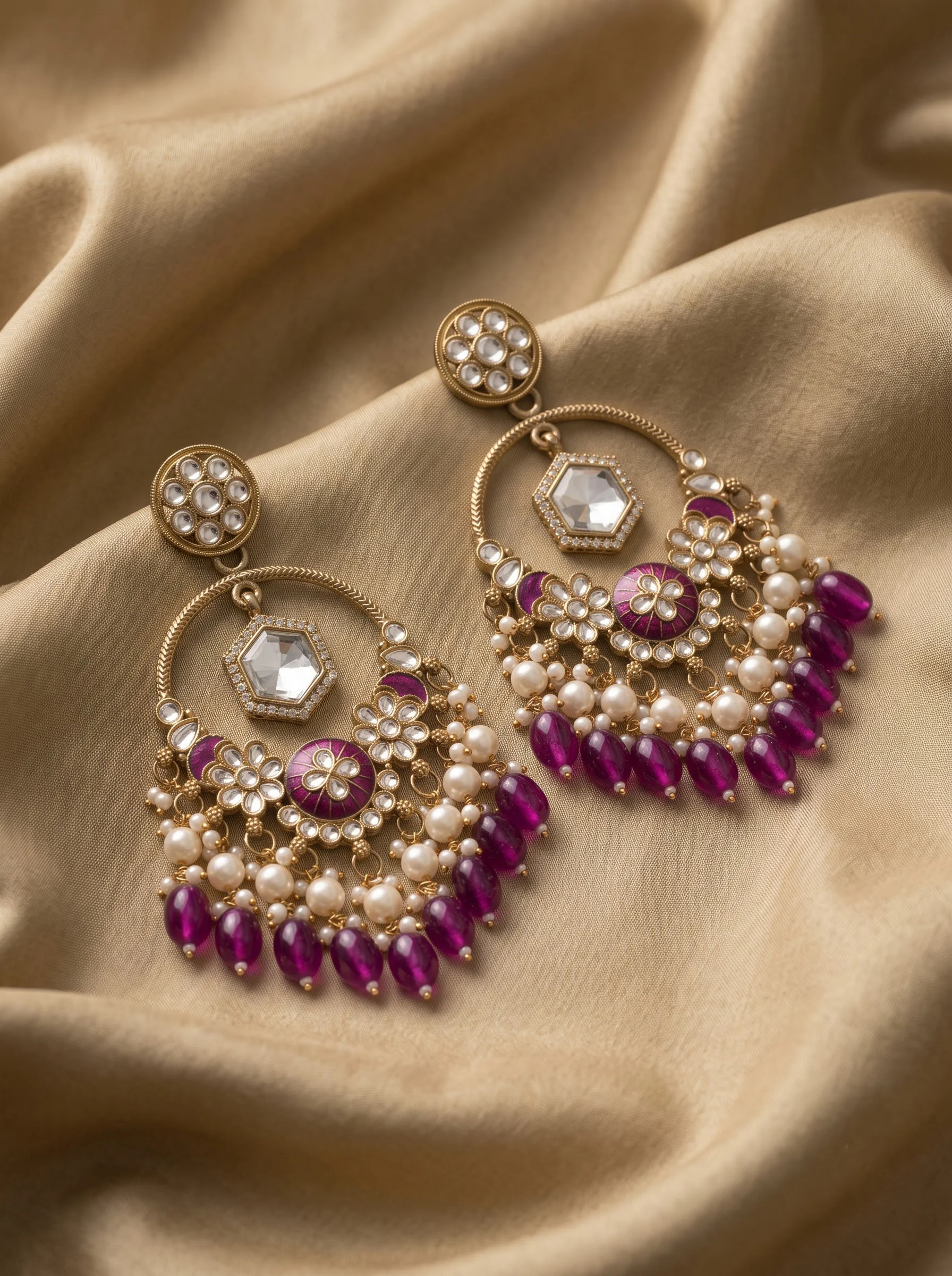 Purple Kundan Chandbali Earrings - Image 3