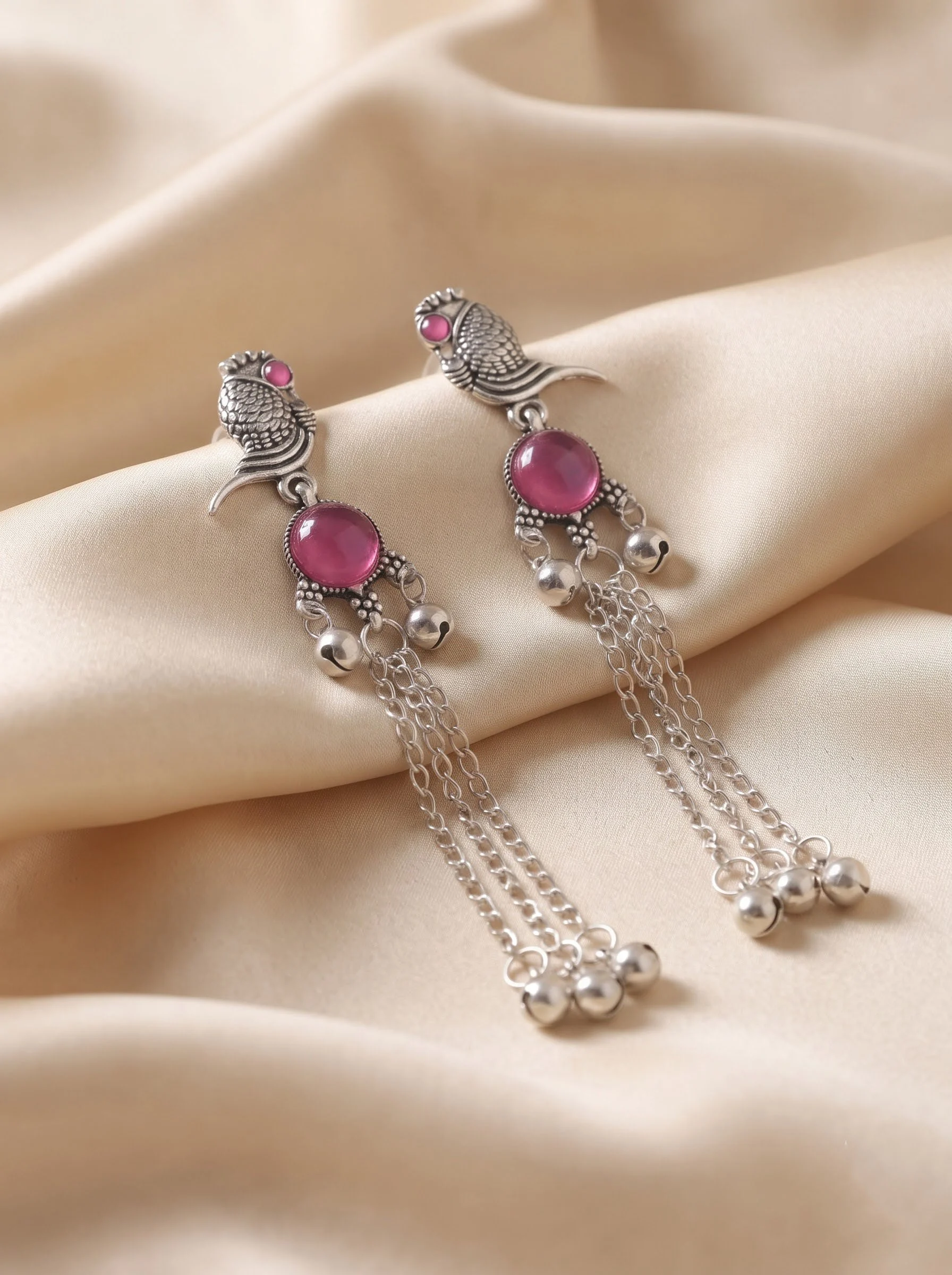 Pink Stone Oxidized Silver Bird Tassel Earrings - Image 3