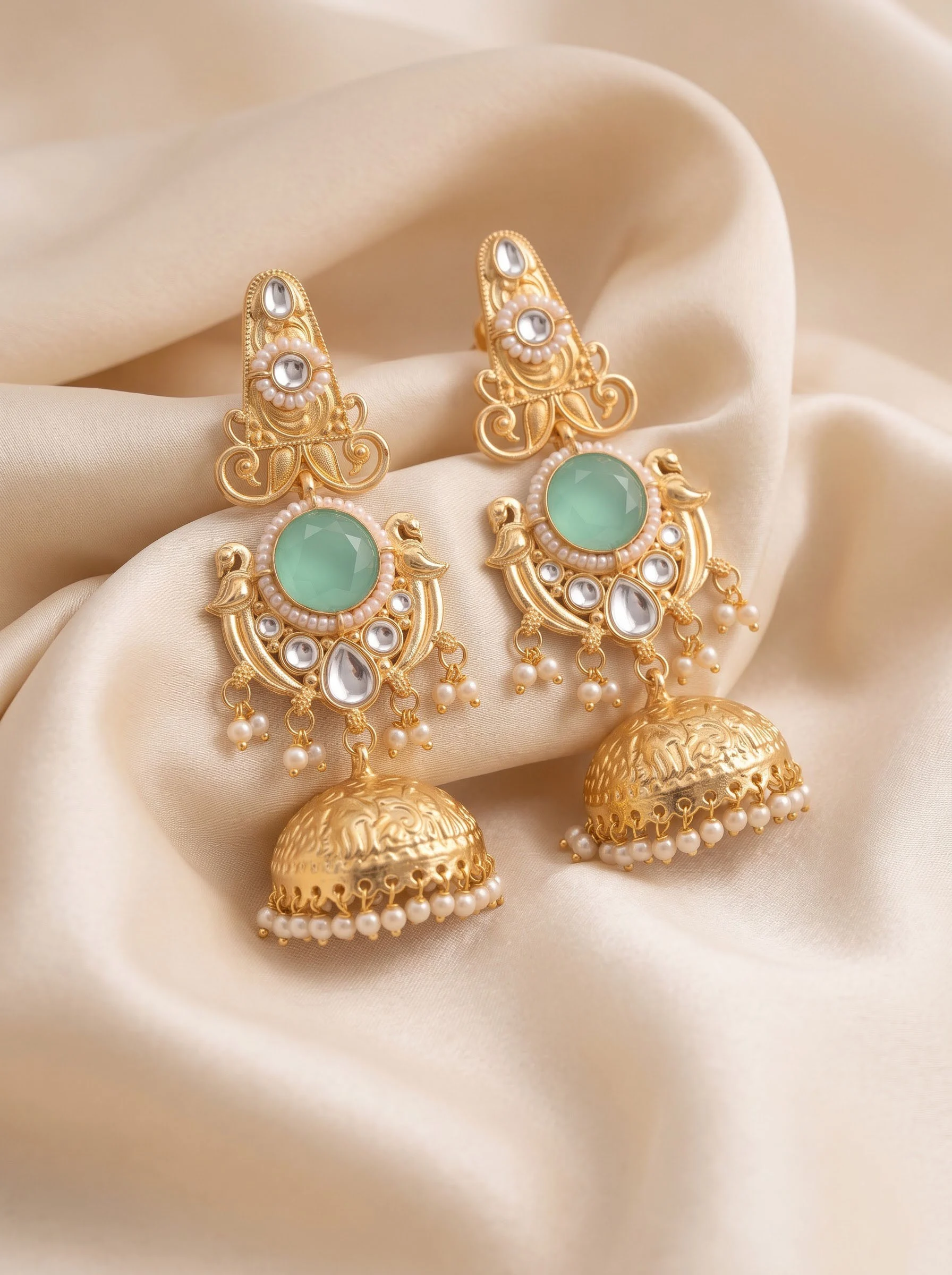 Green Stone Gold Jhumka Earrings - Image 3