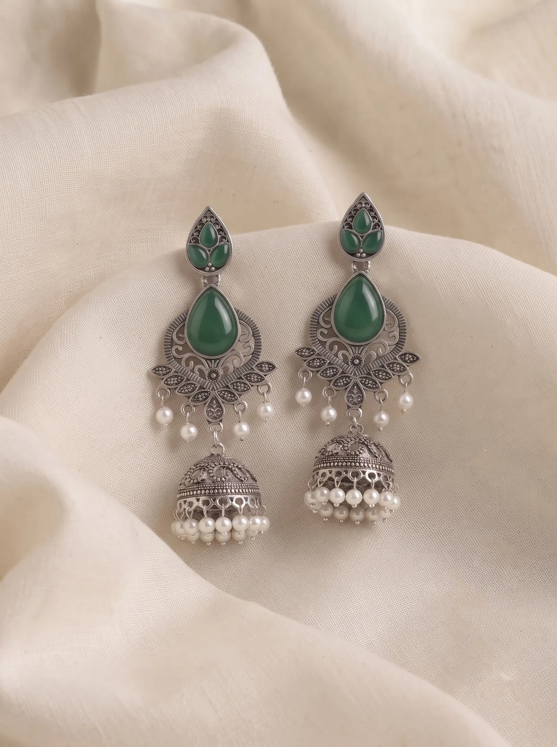Emerald Pearl Jhumka Earrings - Image 3