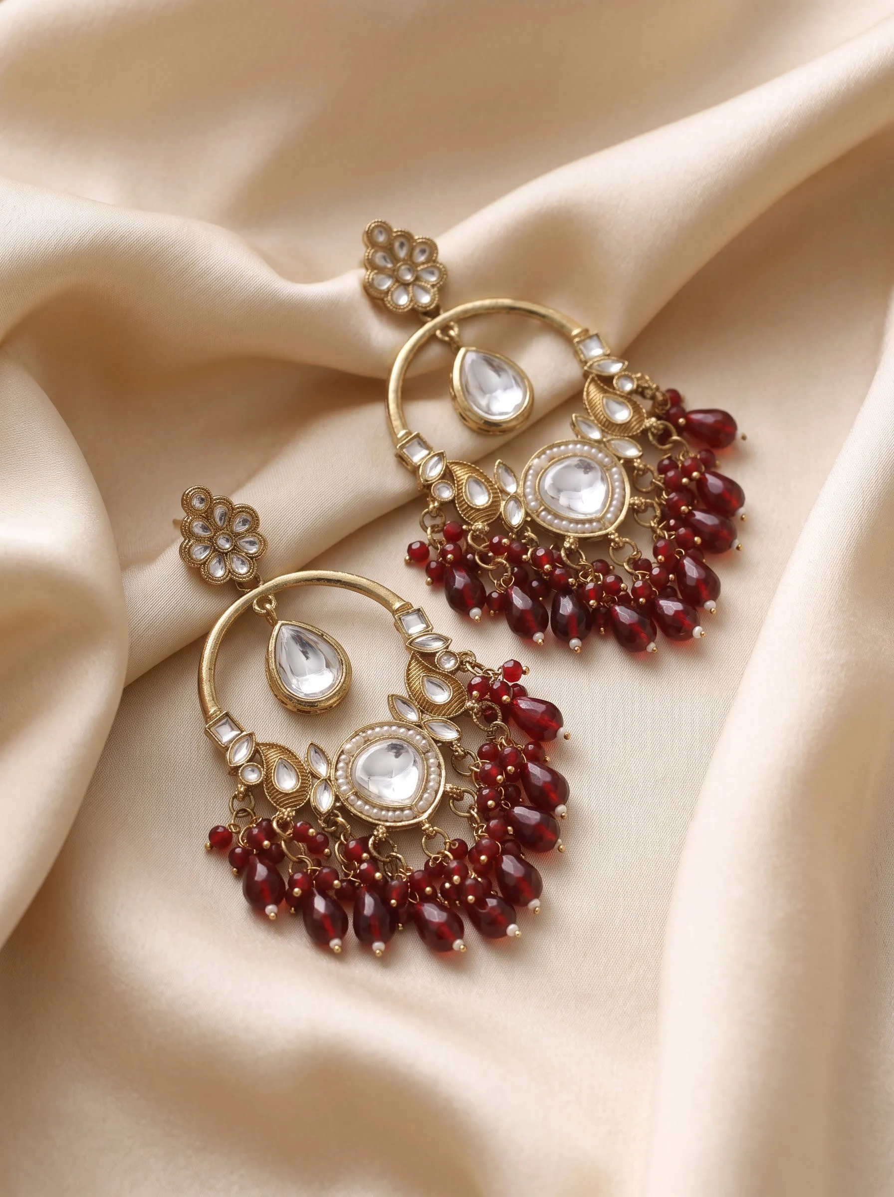 Maroon Kundan Chandbali Earrings - Image 3