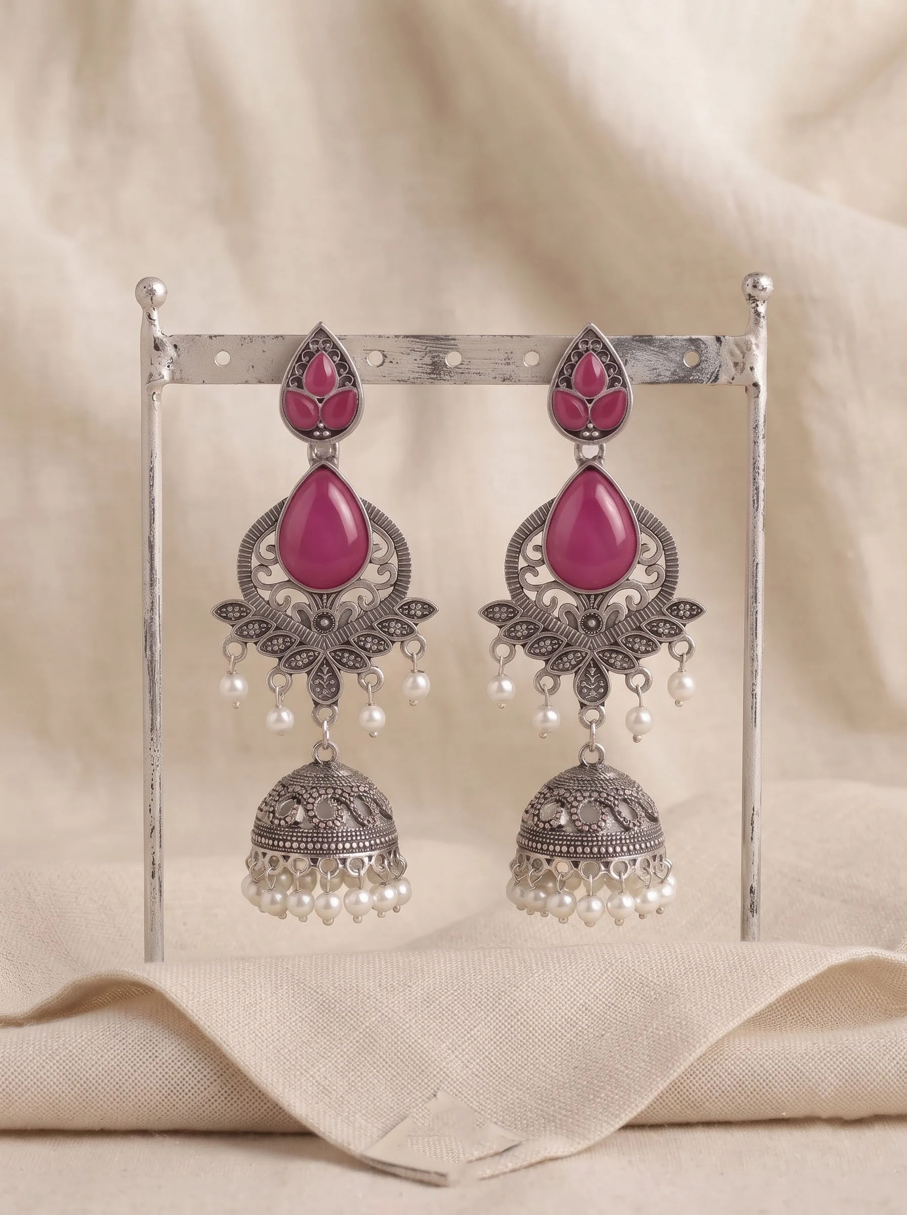 Pink Pearl Floral Jhumka Earrings - Image 2