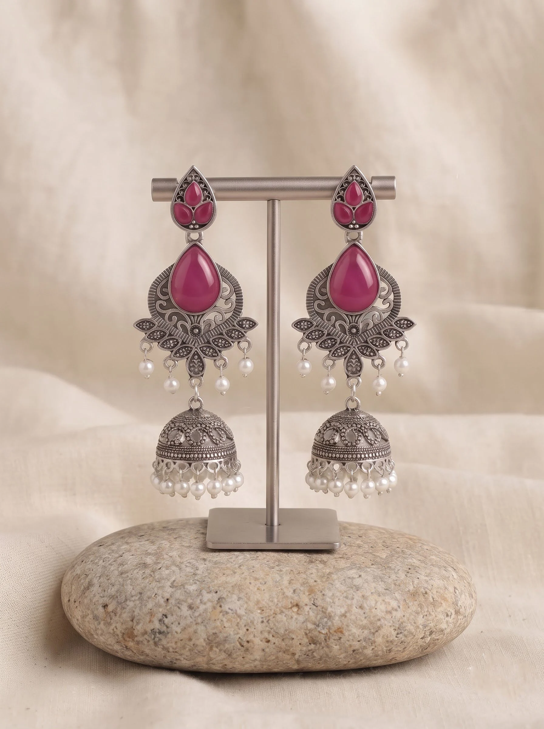 Pink Pearl Floral Jhumka Earrings - Image 3
