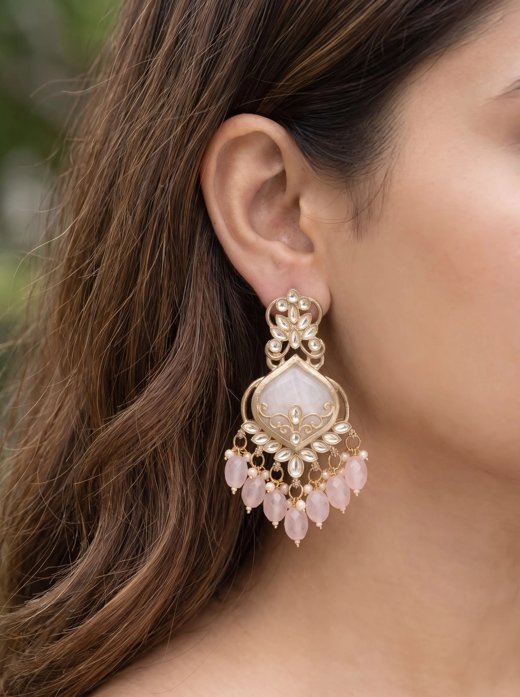 Pink Kundan Dangler Earrings - Image 6