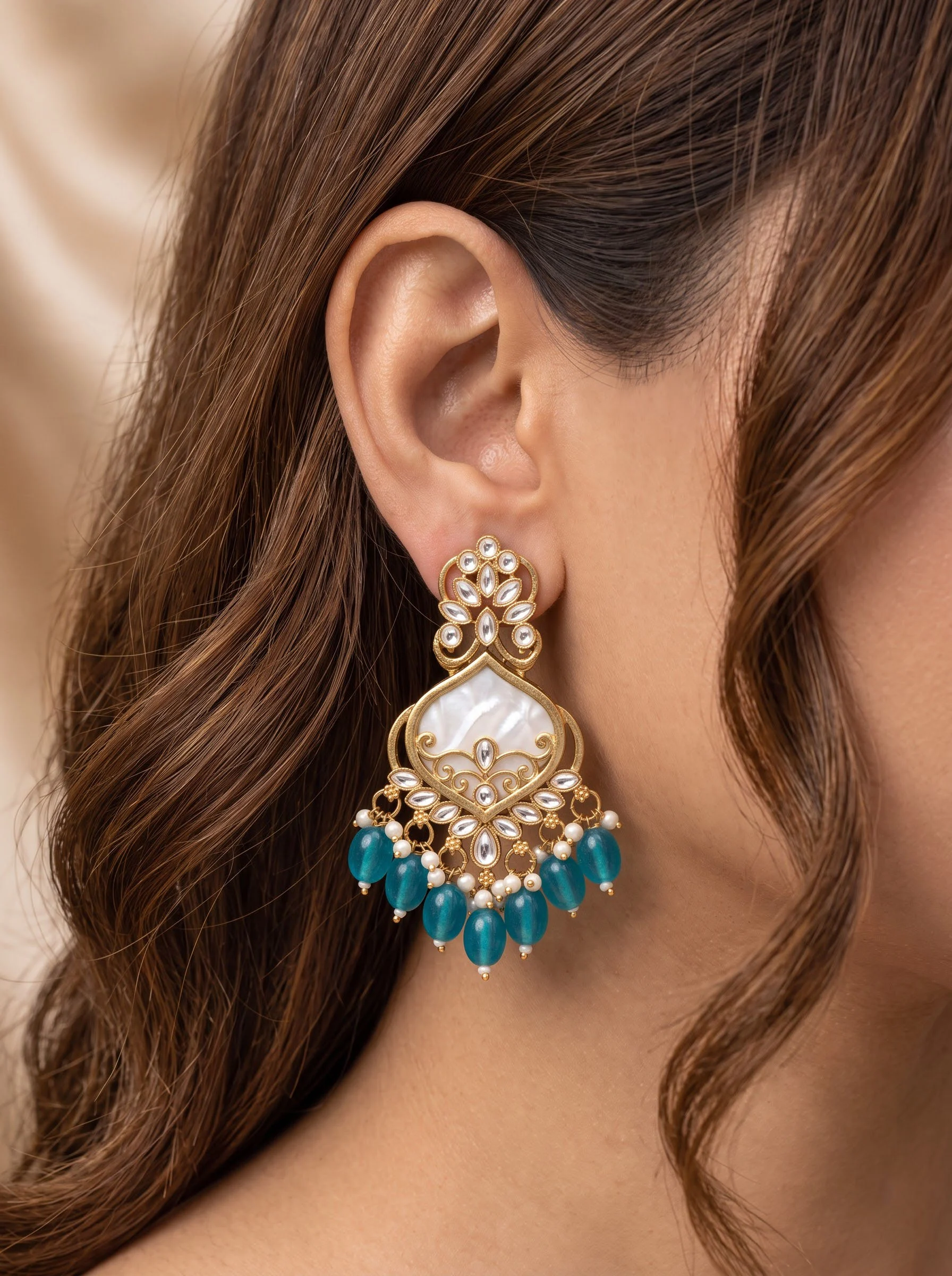 Blue Kundan Dangler Earrings - Image 3