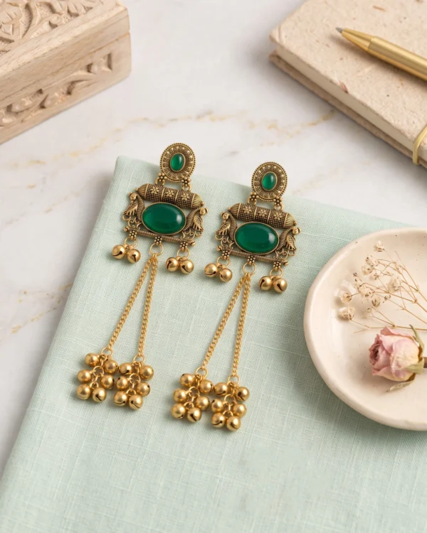 Emerald Green Stone Antique Gold Statement Earrings
