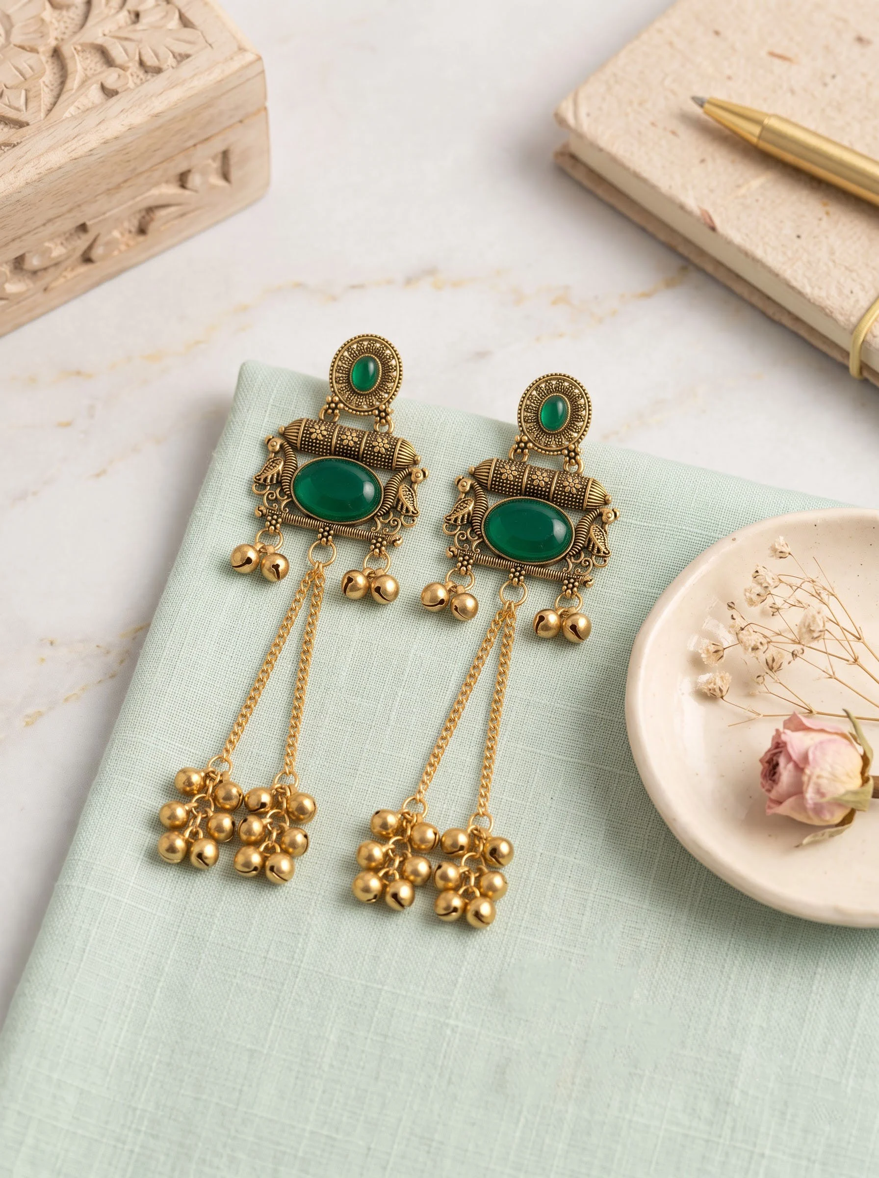 Emerald Green Stone Antique Gold Statement Earrings