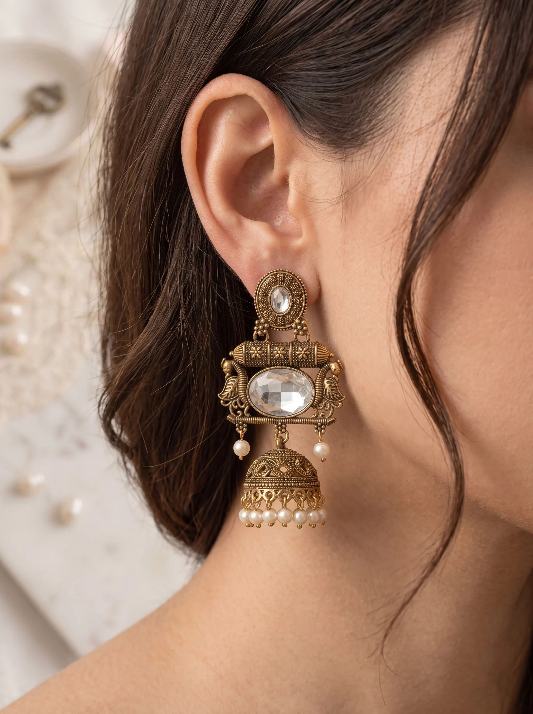 White Stone Antique Jhumka Earrings - Image 4