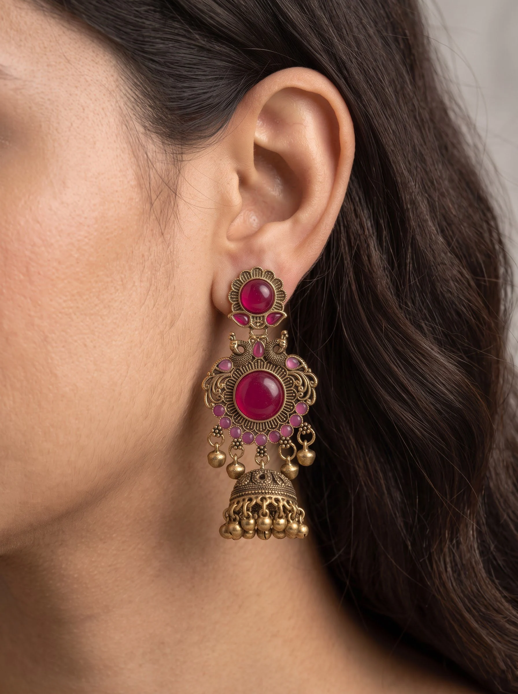 Antique Magenta Stone Jhumka - Image 3