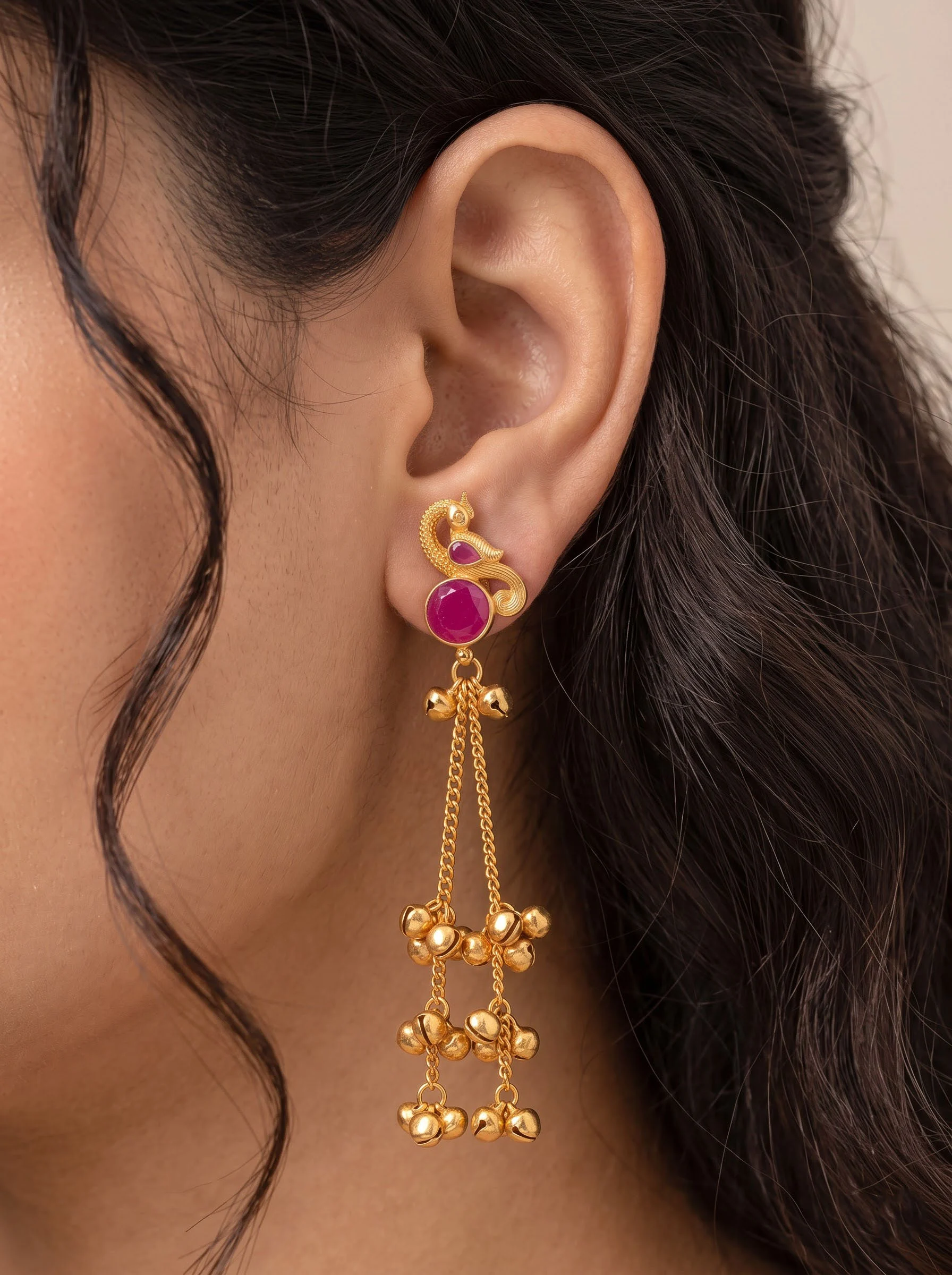 Ruby Pink Peacock Gold Tassel Earrings - Image 2