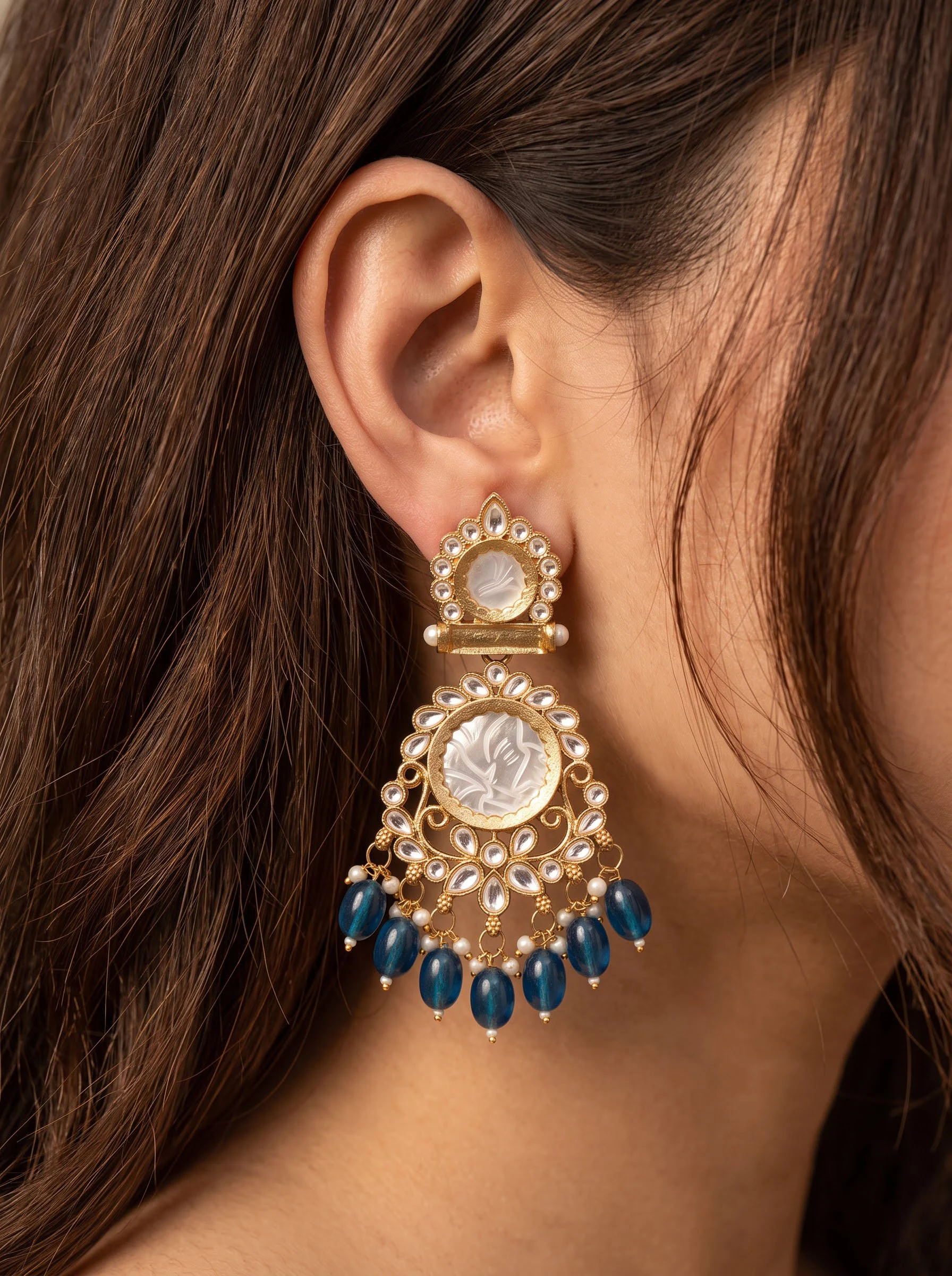 Gold Kundan Blue Bead Earrings - Image 3