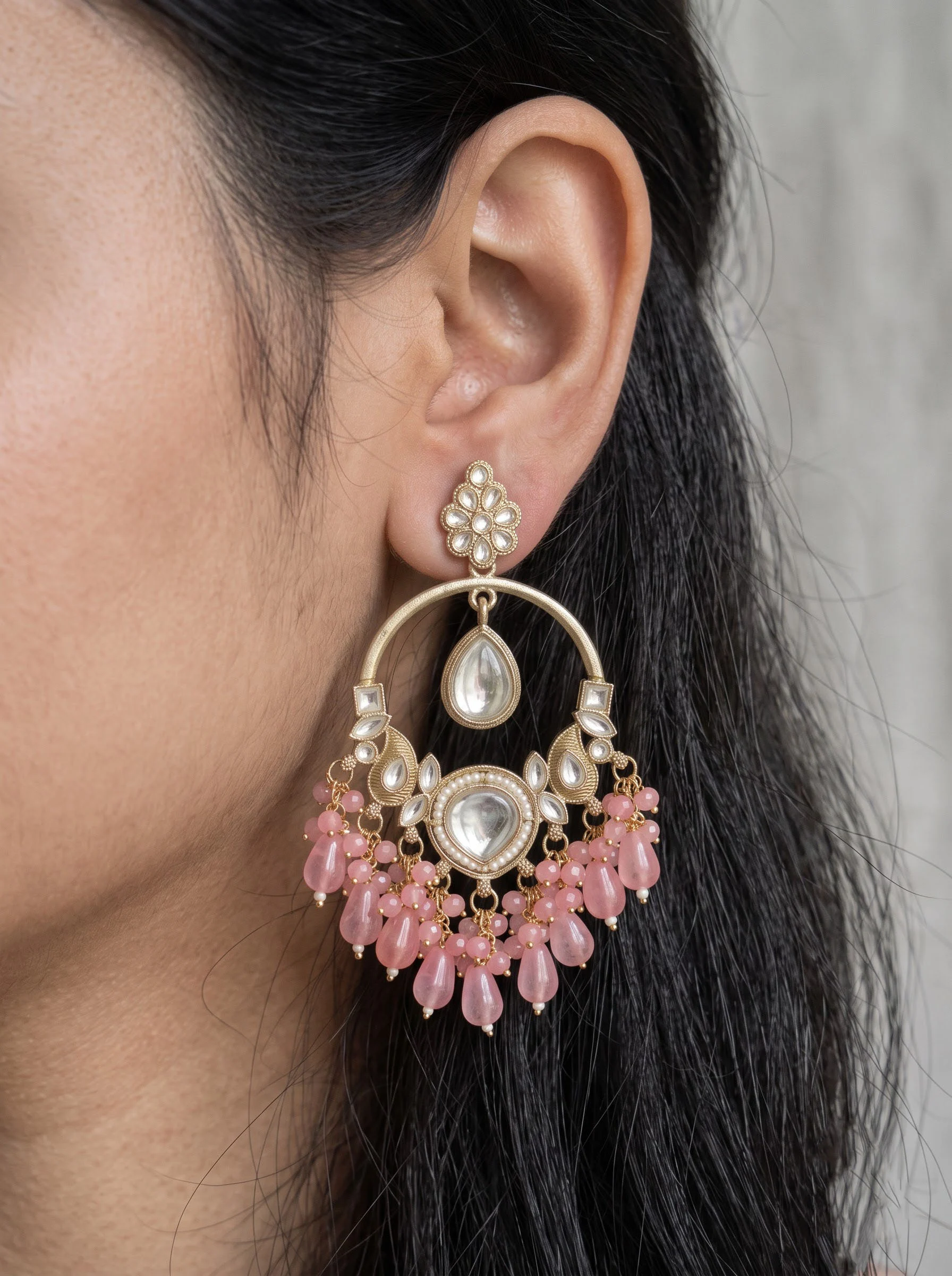 Pink Kundan Chandbali Earrings - Image 3