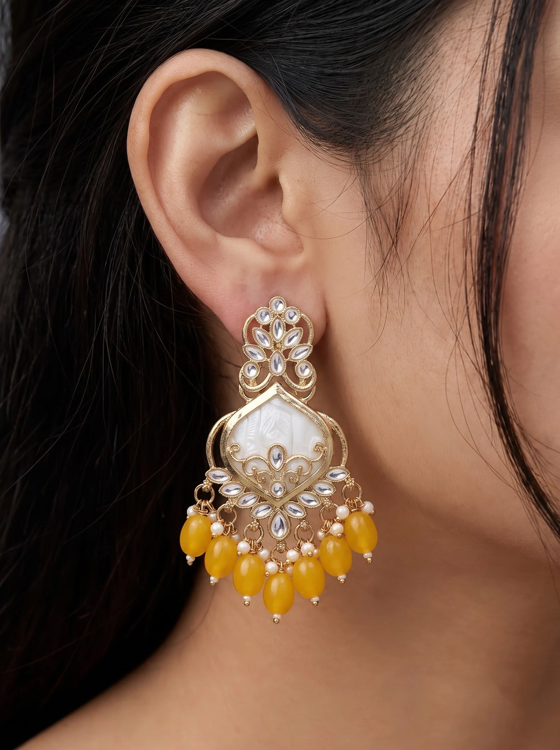 Yellow Kundan Dangler Earrings - Image 2