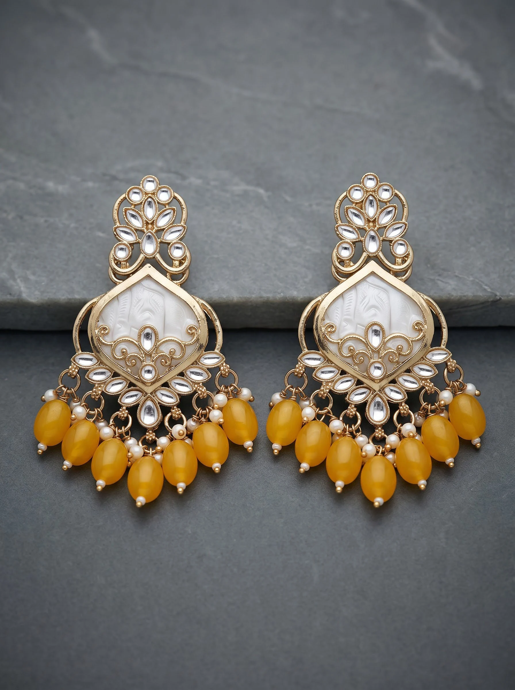 Yellow Kundan Dangler Earrings - Image 5