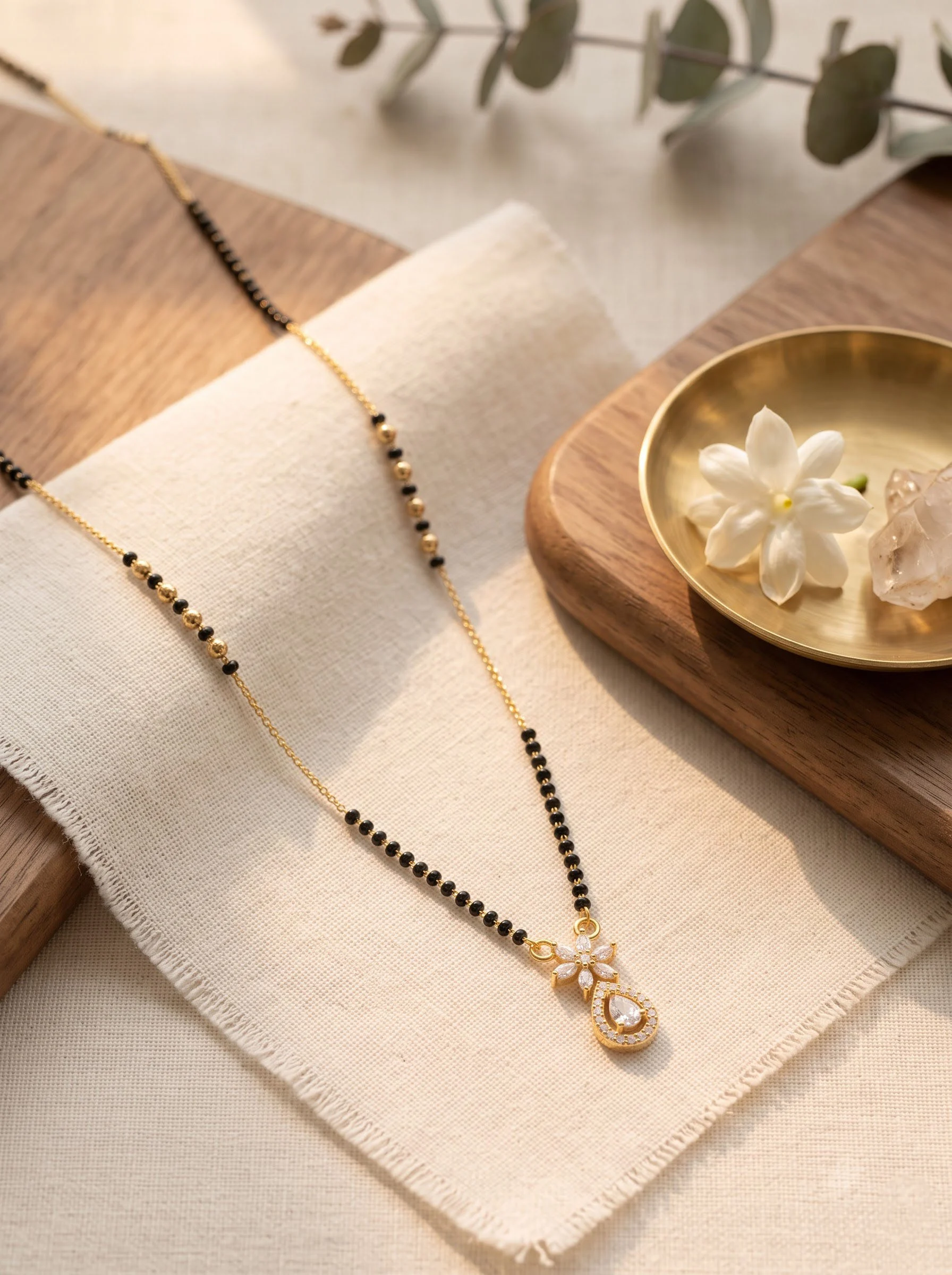 Floral Teardrop Diamond Gold Mangalsutra - Image 2