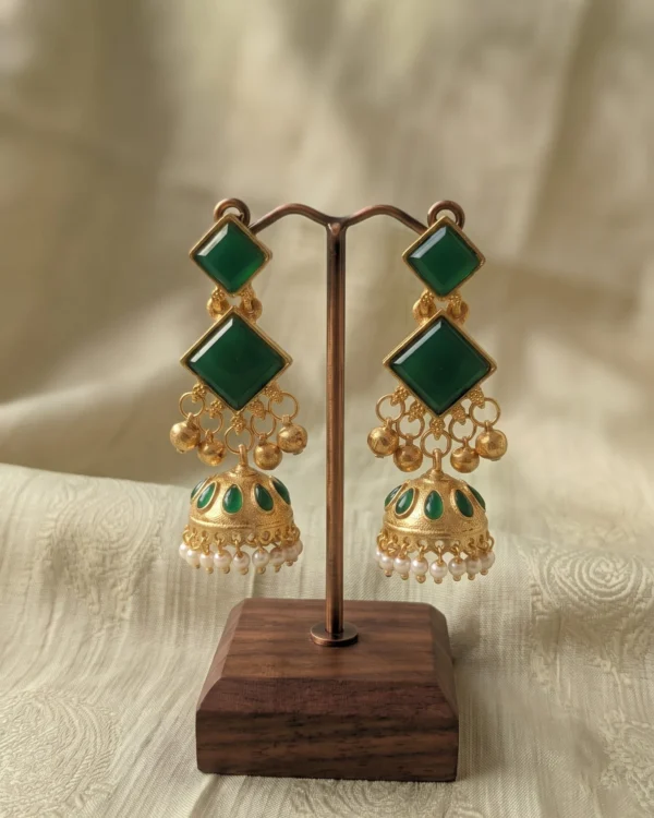 Geometric Green Stone Jhumka