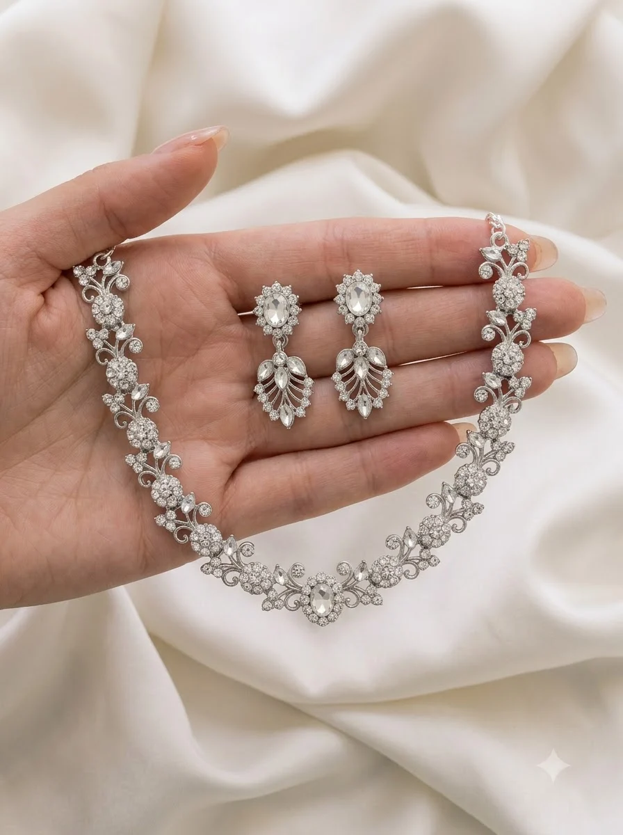 Silver Diamond Necklace Set - Image 6
