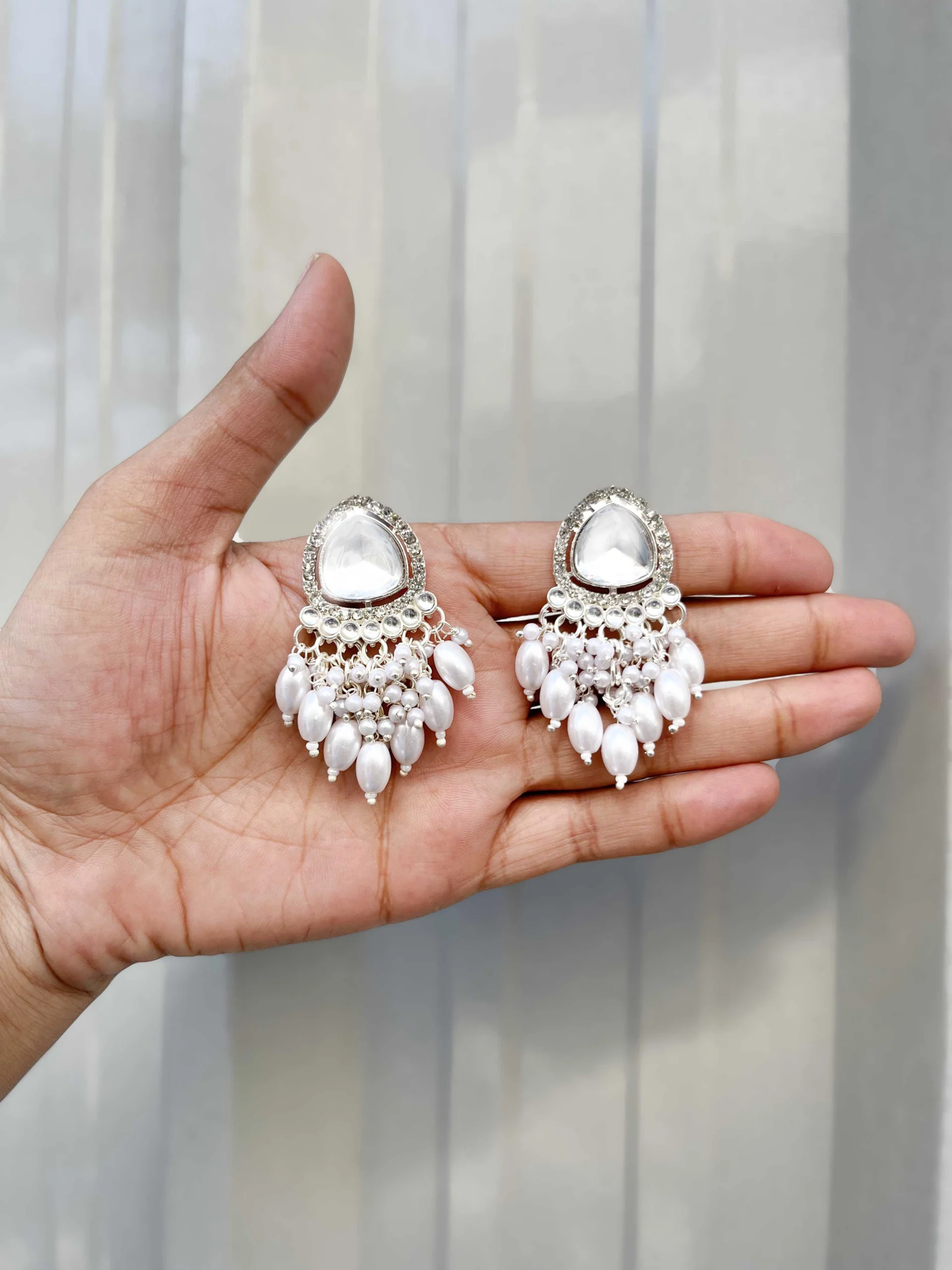 Silver Pearl Stud Kundan Earrings - Image 5