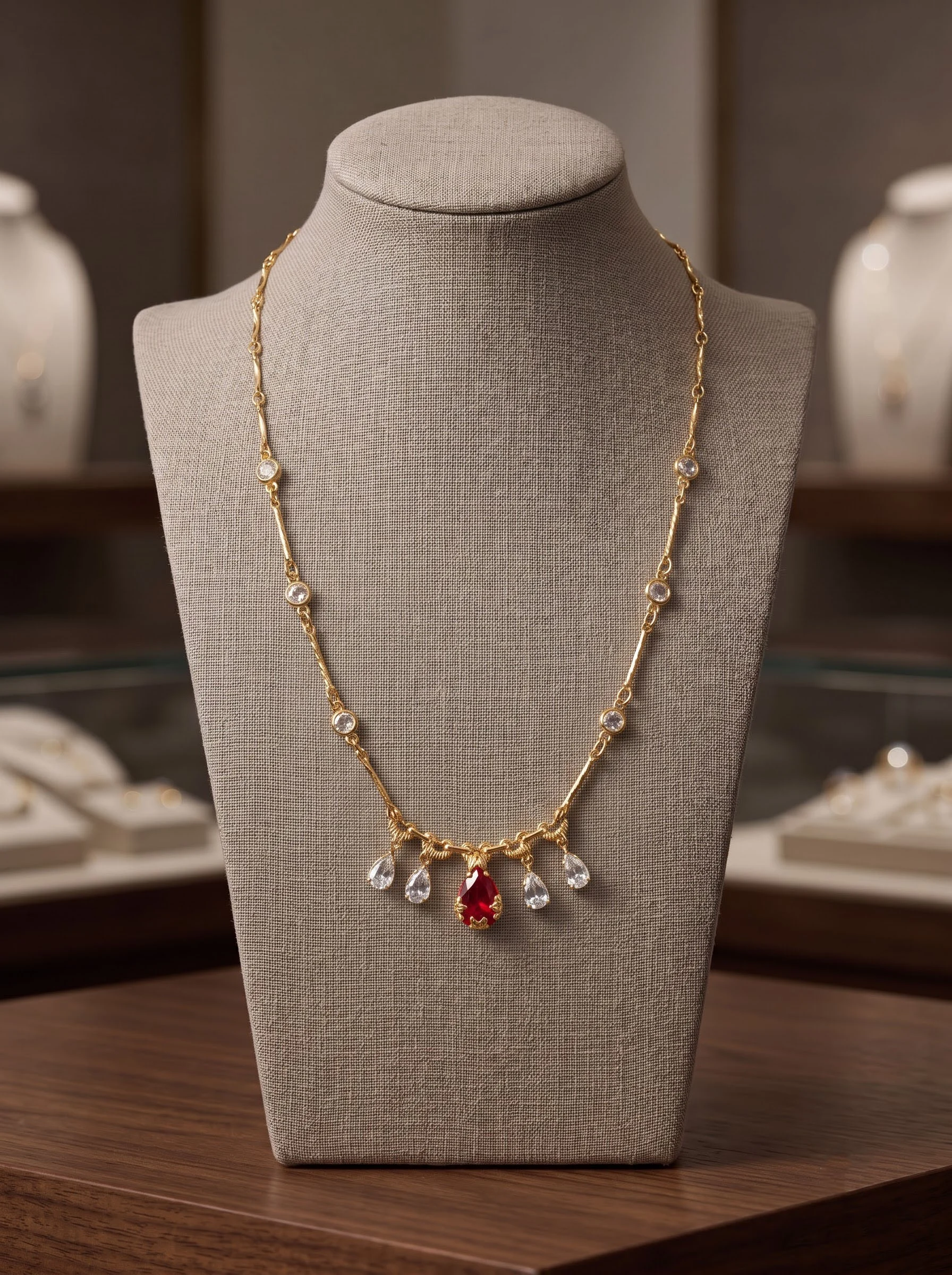 Ruby Teardrop Gold Station Necklace
