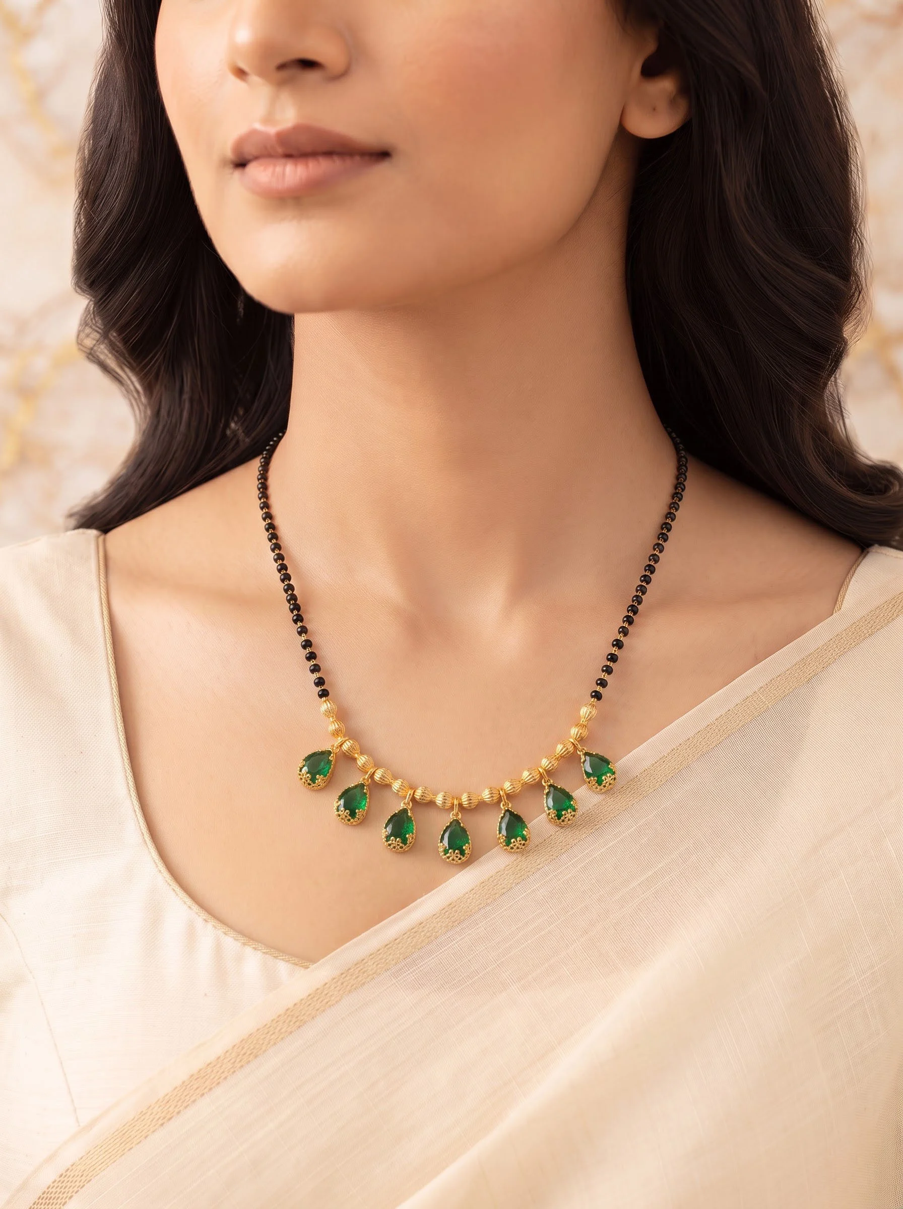 Green Stone Black Beads Mangalsutra - Image 4
