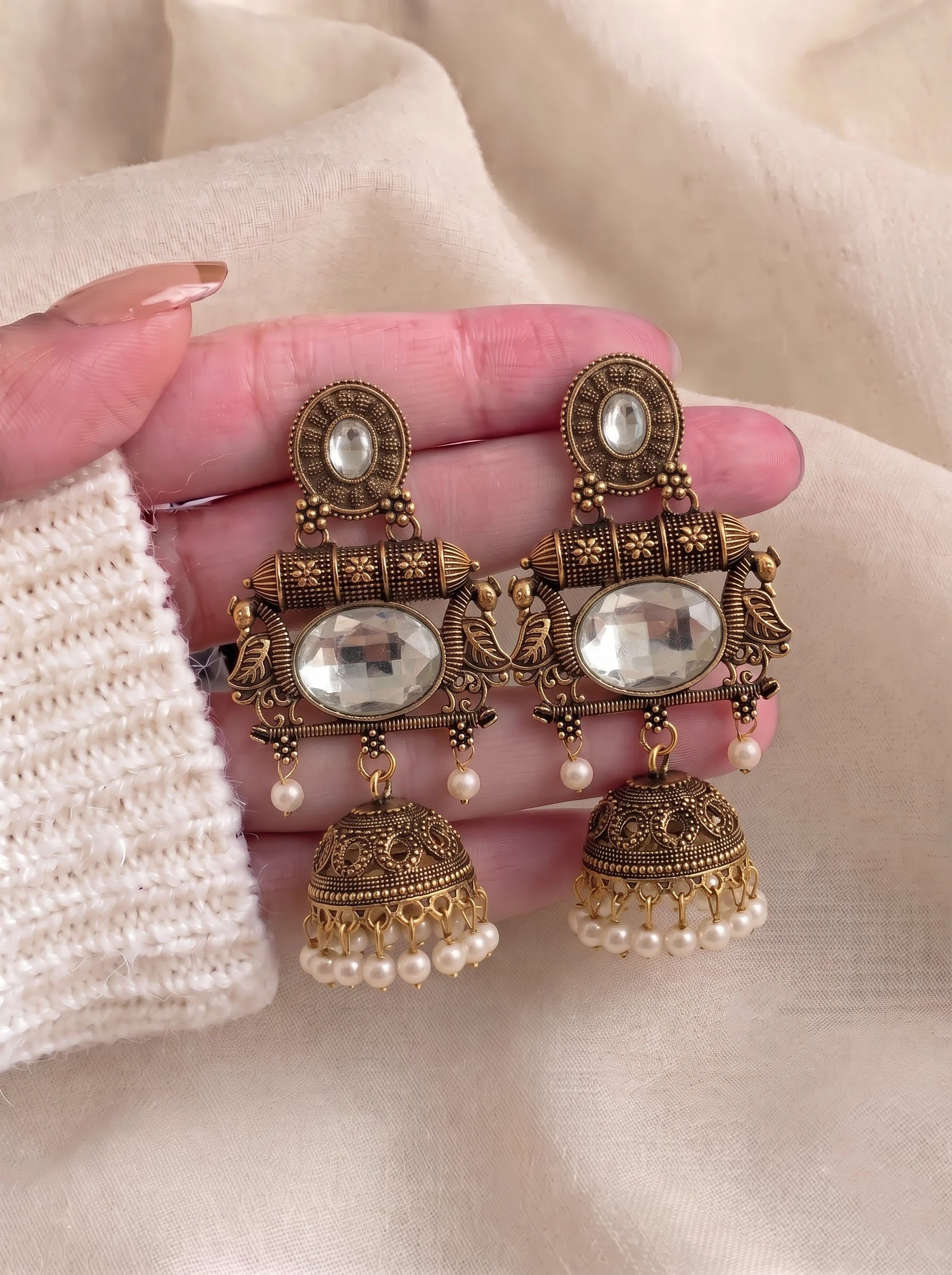 White Stone Antique Jhumka Earrings - Image 5
