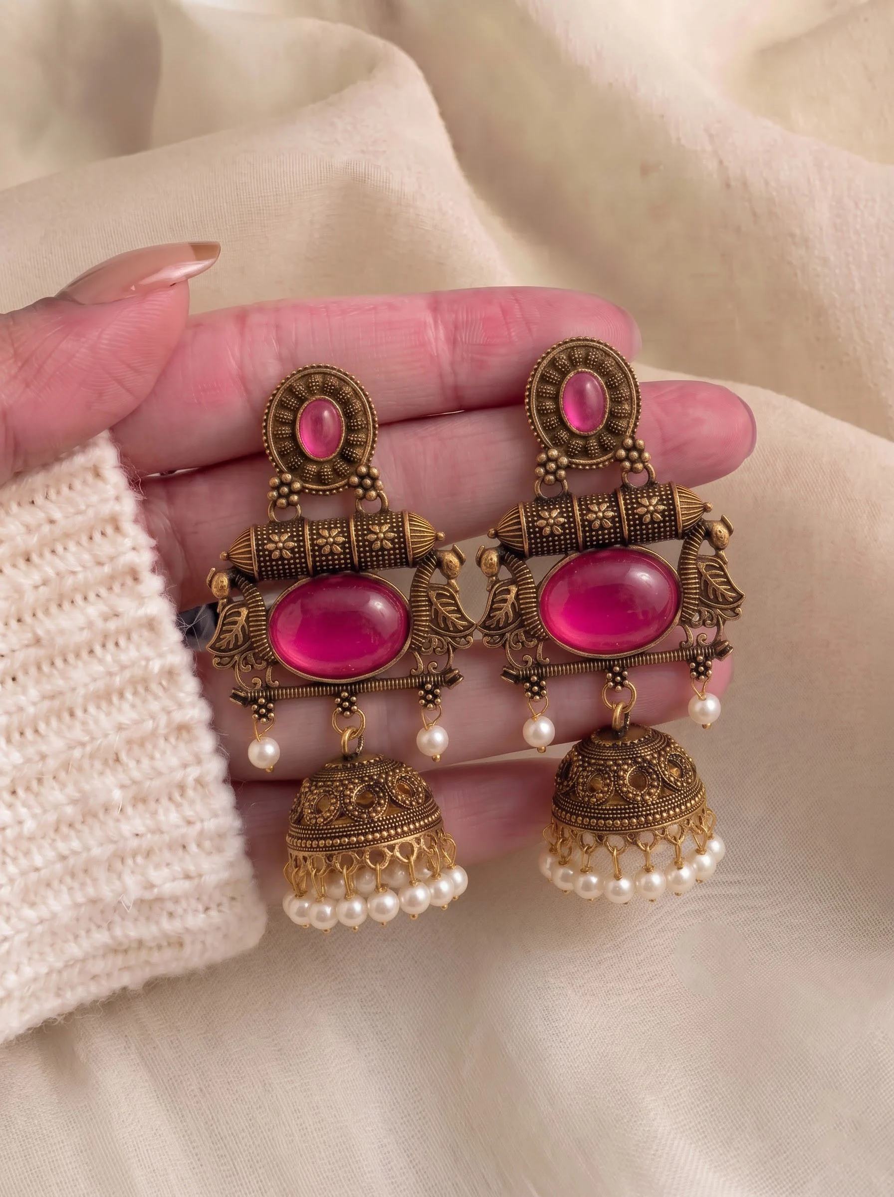 Pink Stone Antique Jhumka Earrings - Image 2