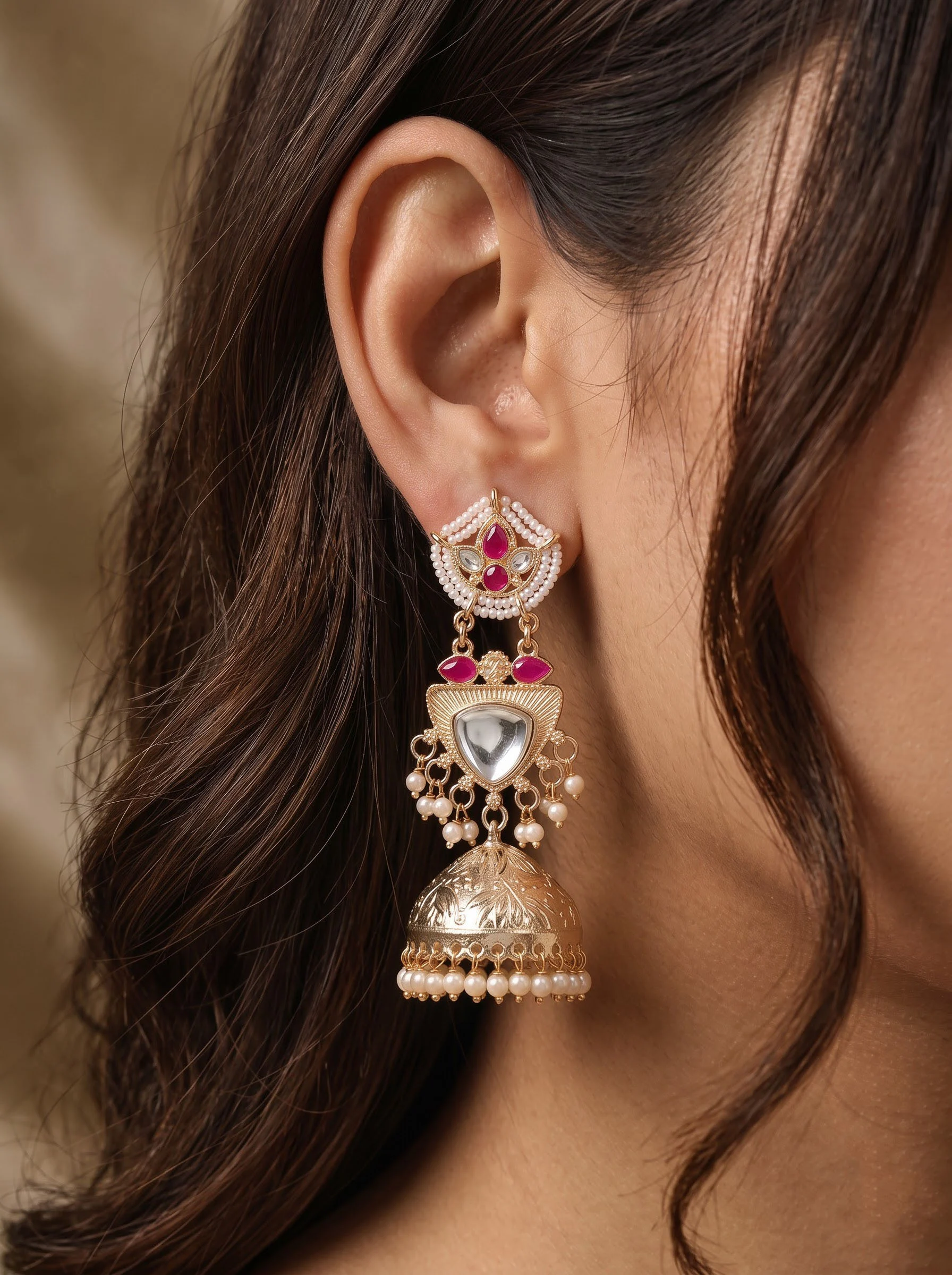 Elegant Pink Kundan Jhumka Earrings - Image 2