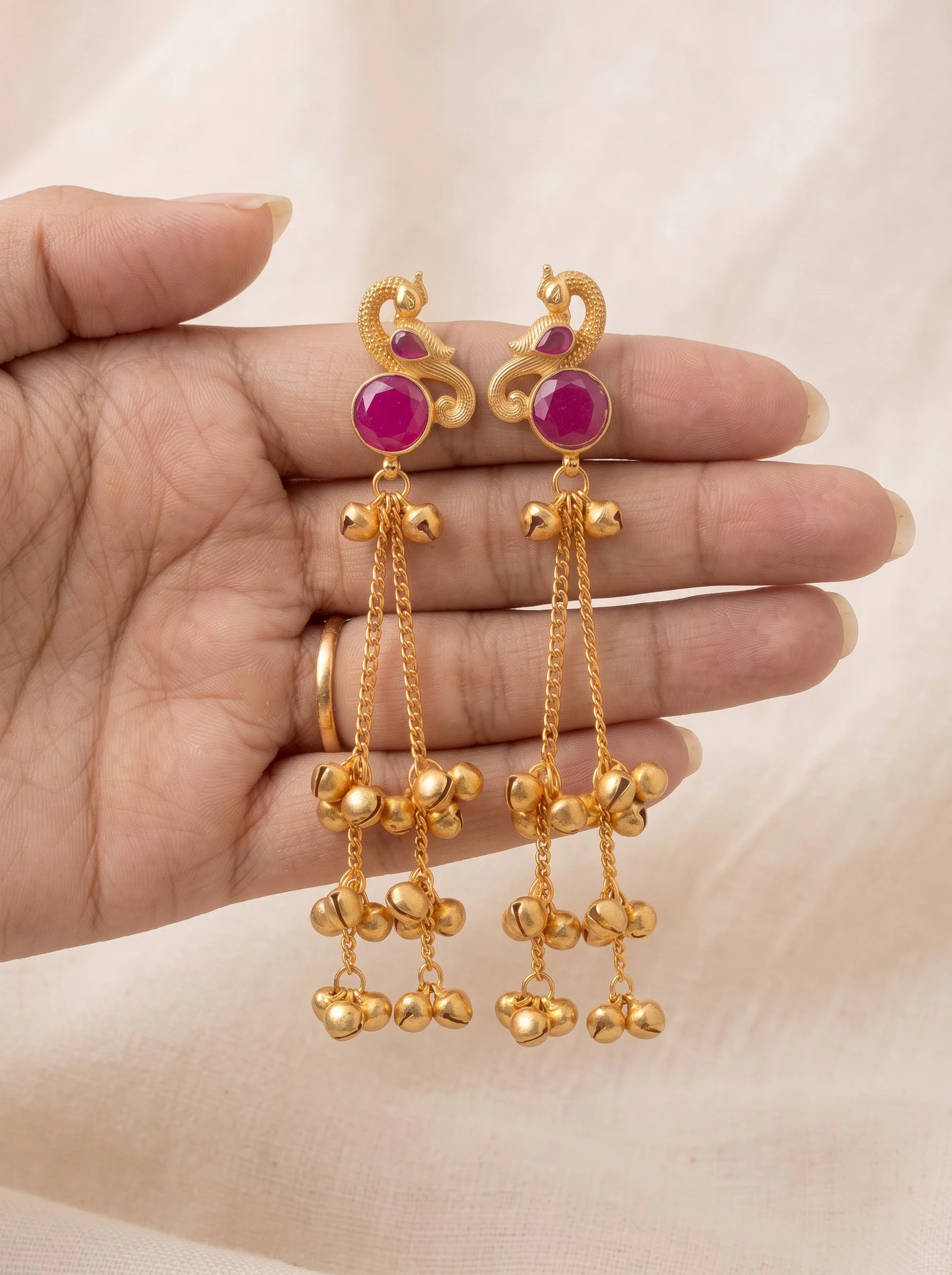 Ruby Pink Peacock Gold Tassel Earrings - Image 3