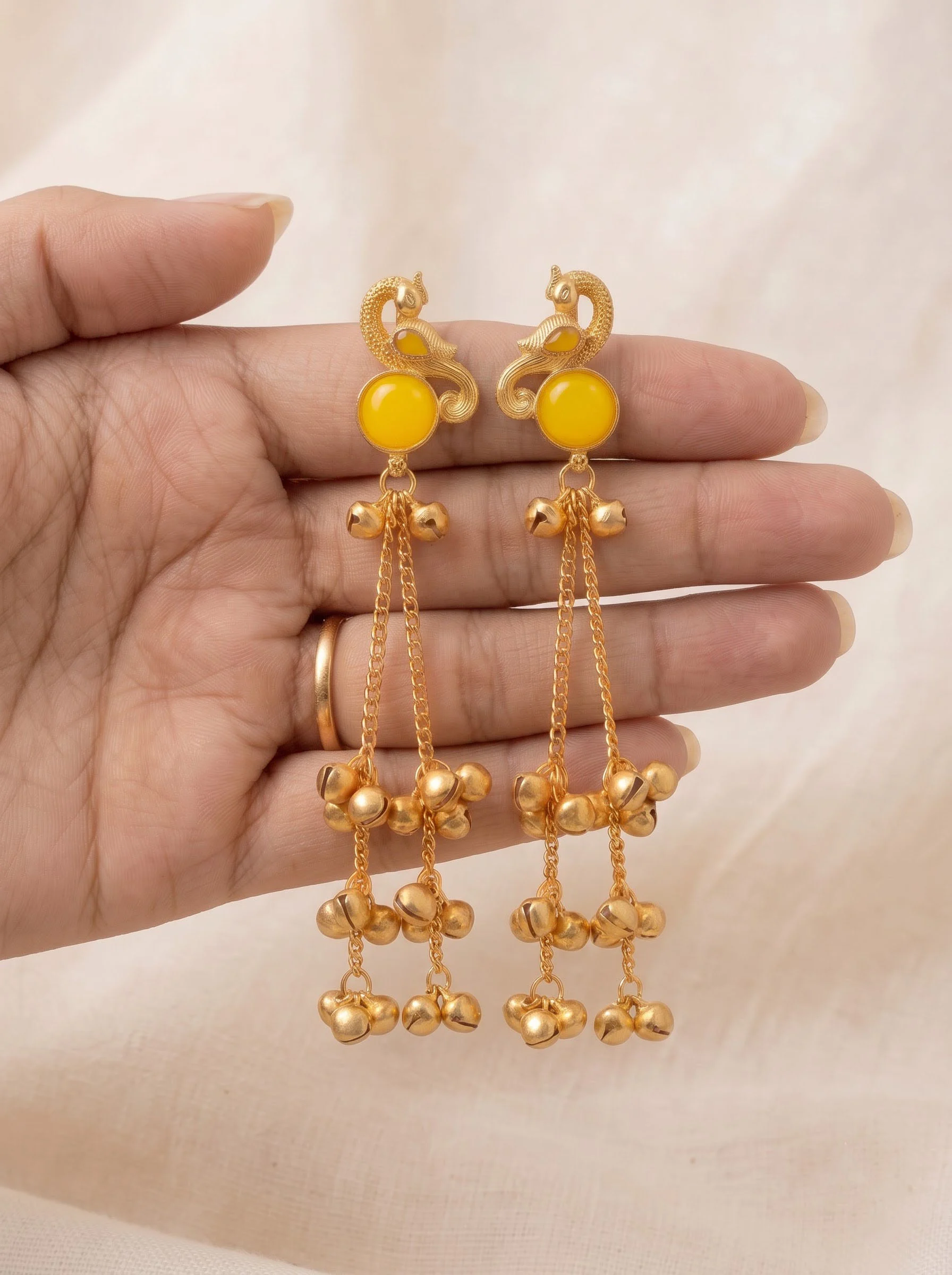 Yellow Peacock Gold Tassel Earrings - Image 2