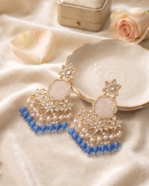 SkyBlue Gold Kundan Dangler Earrings