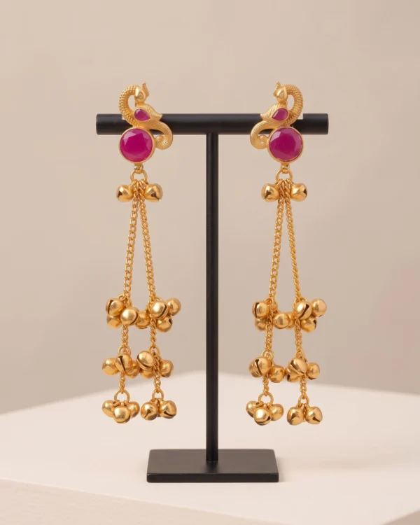Ruby Pink Peacock Gold Tassel Earrings