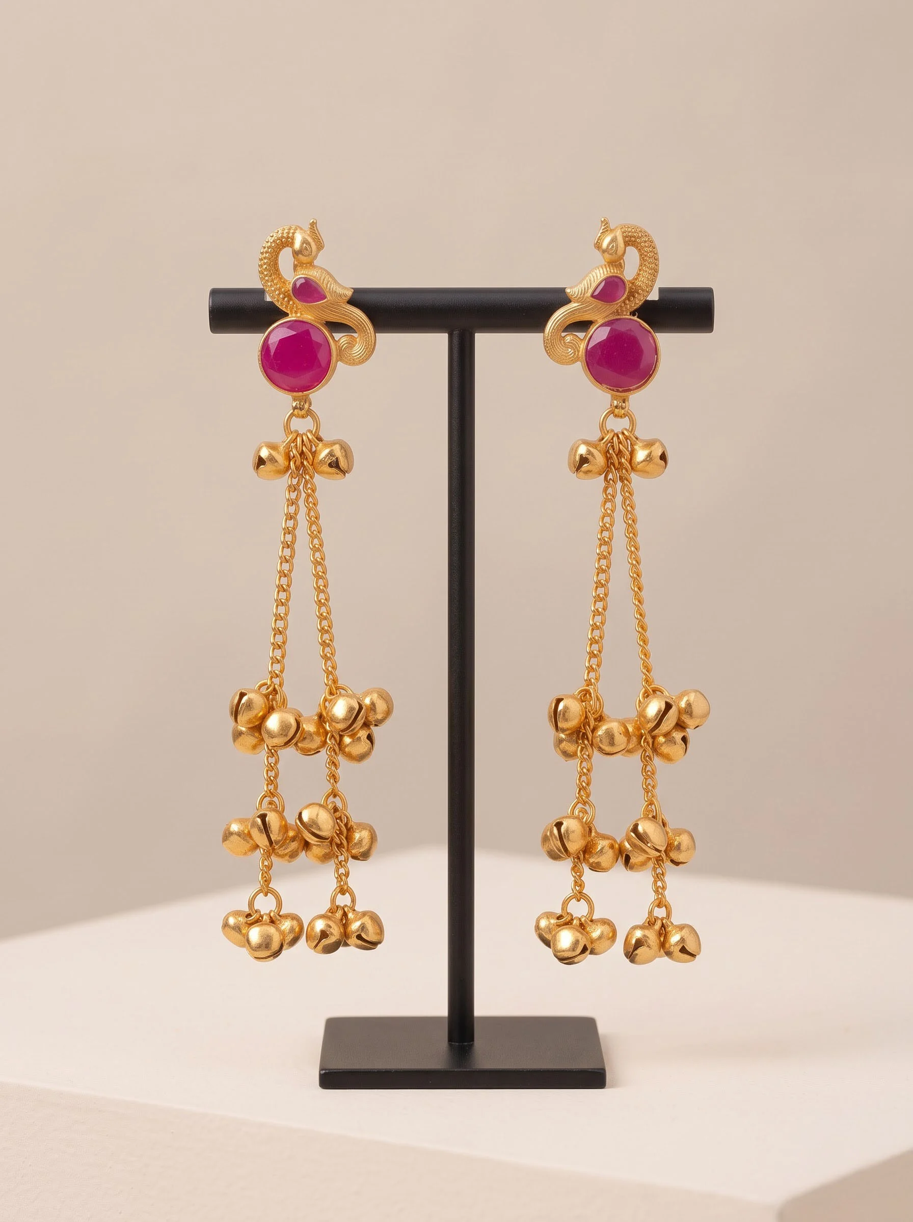 Ruby Pink Peacock Gold Tassel Earrings