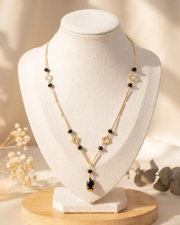 Gold Pendant Black Beads Necklace