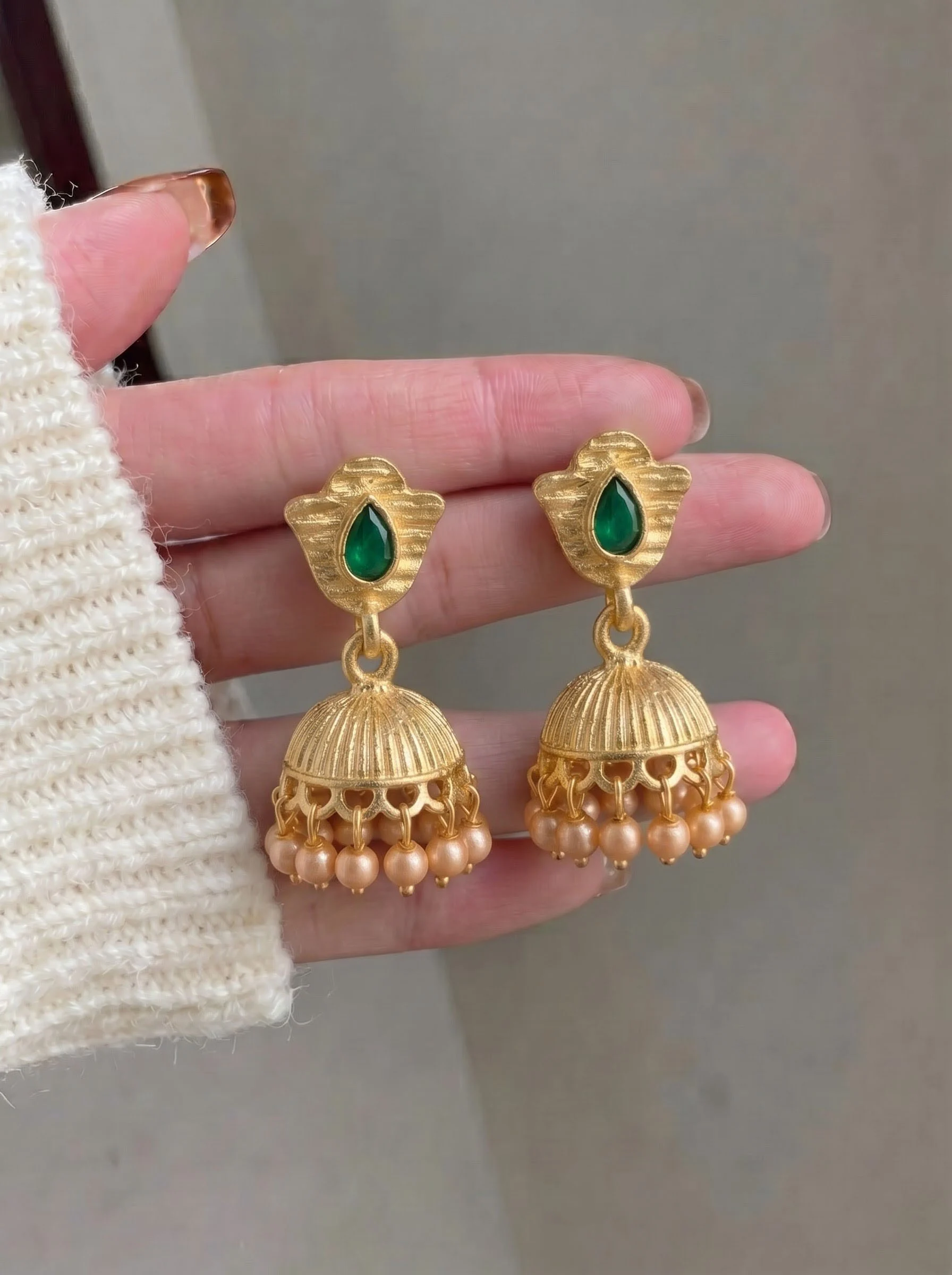 Green Pearl Jhumka Earrings - Image 3