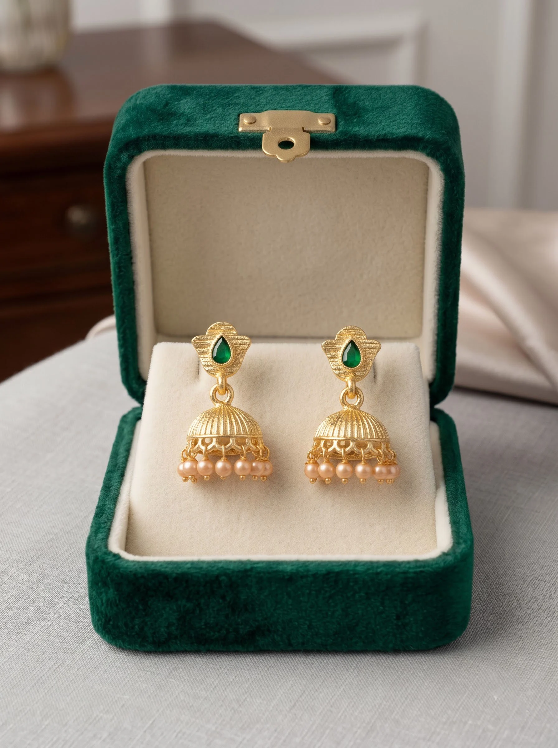 Green Pearl Jhumka Earrings - Image 2