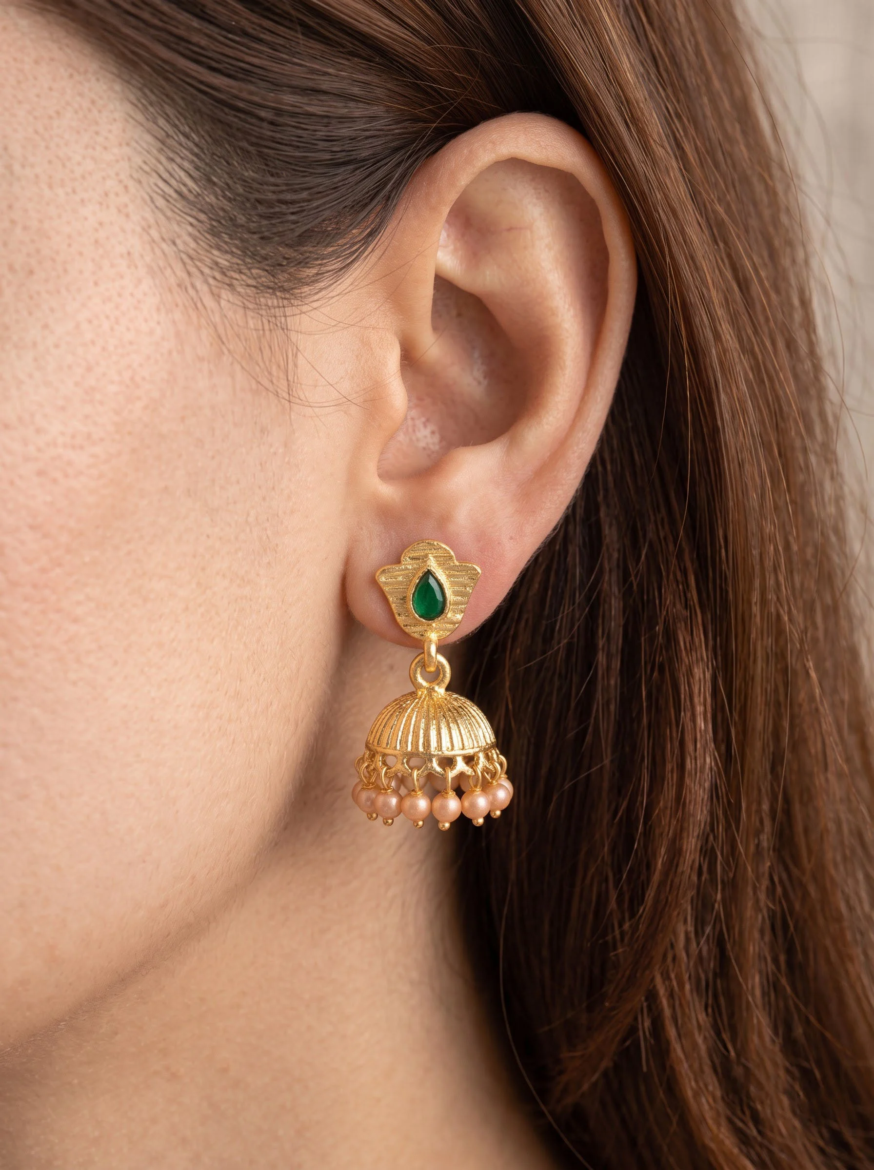 Green Pearl Jhumka Earrings - Image 6