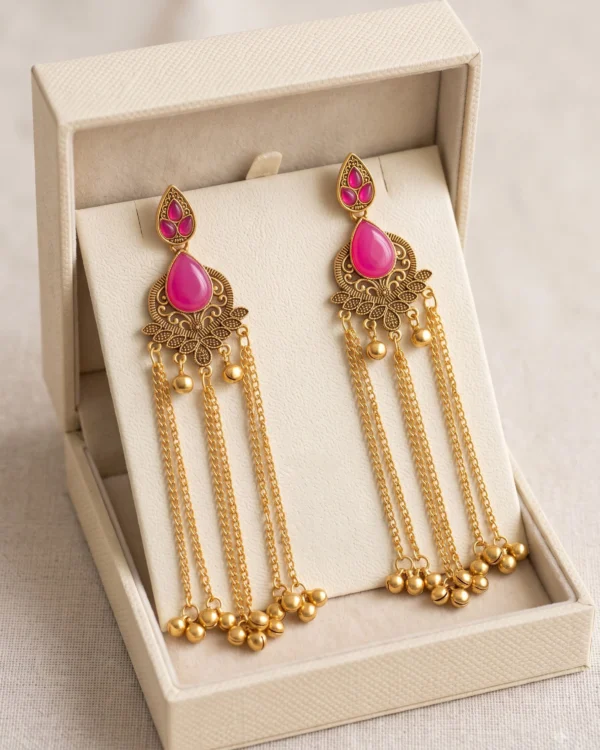 Ruby Pink Antique Gold Tassel Earrings